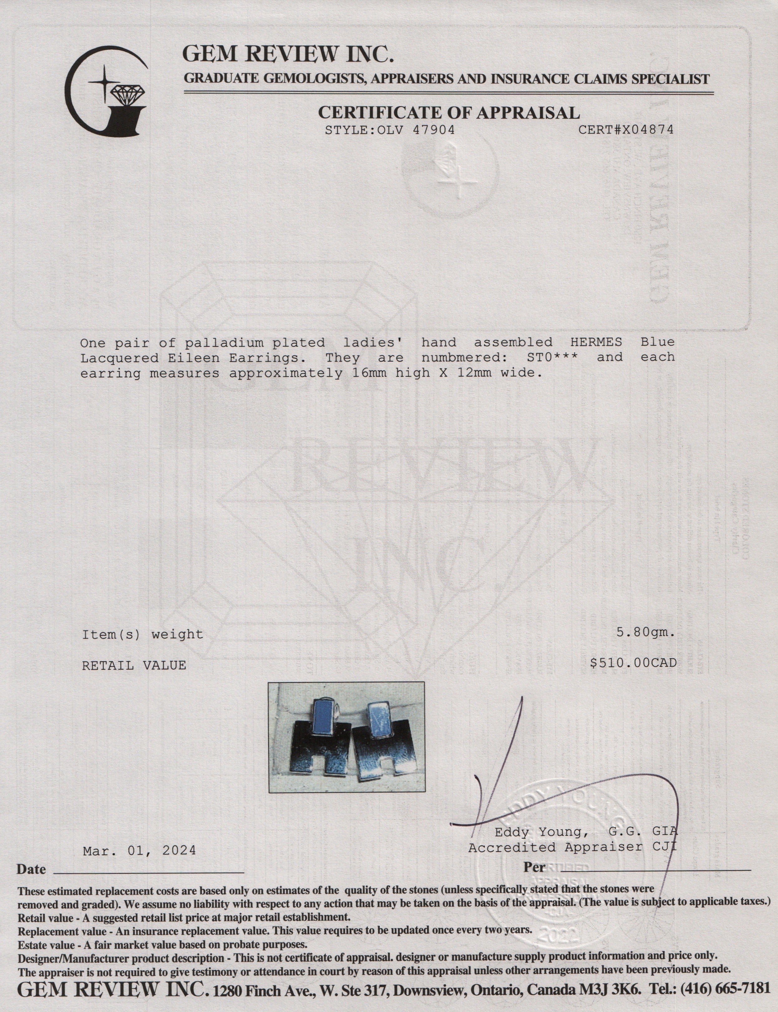 Hermes Palladium Plated Blue Lacquered Eileen Earrings