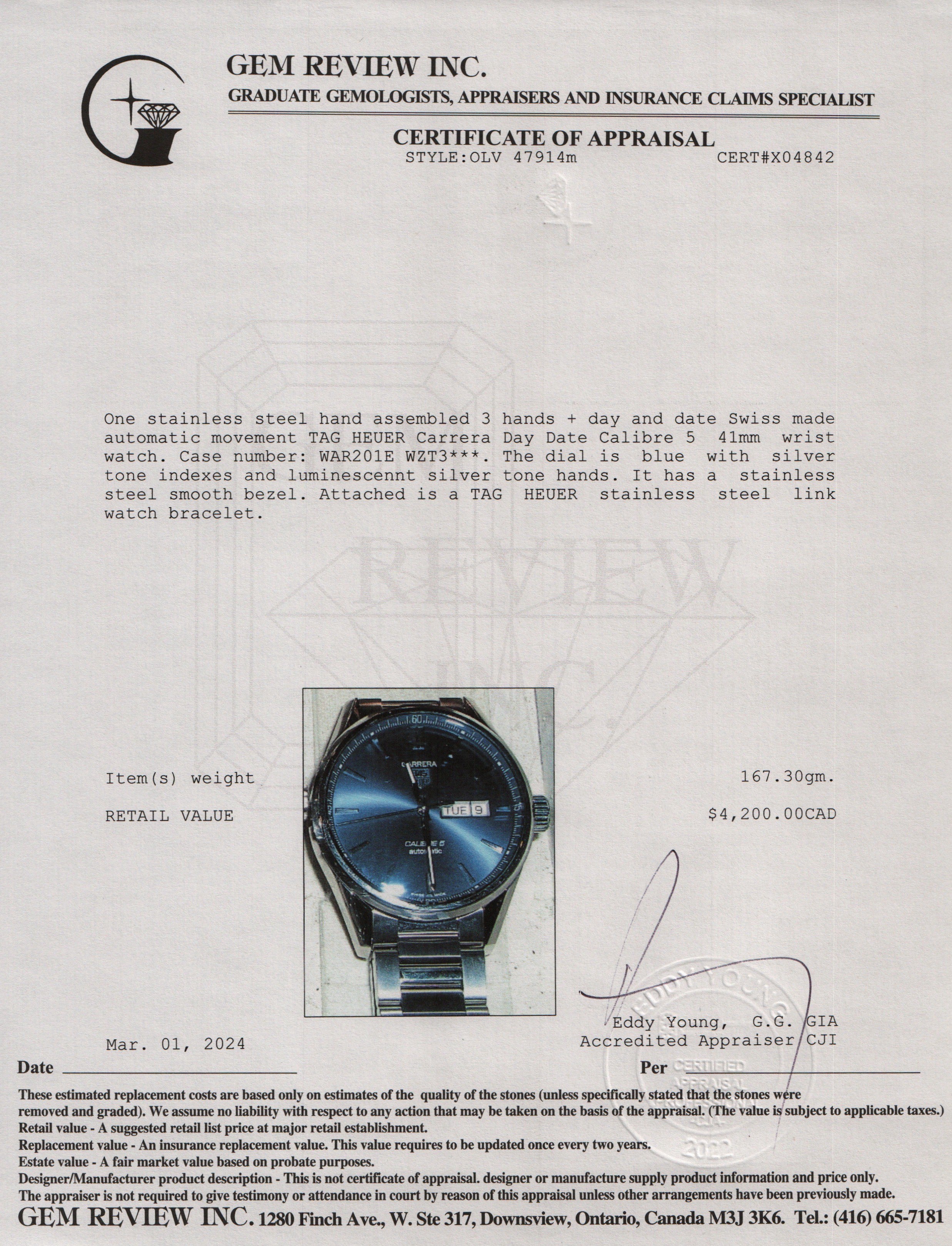 Tag Heuer Stainless Steel Carrera Day Date Calibre 5 41 MM Automatic Watch w/ Box & Papers
