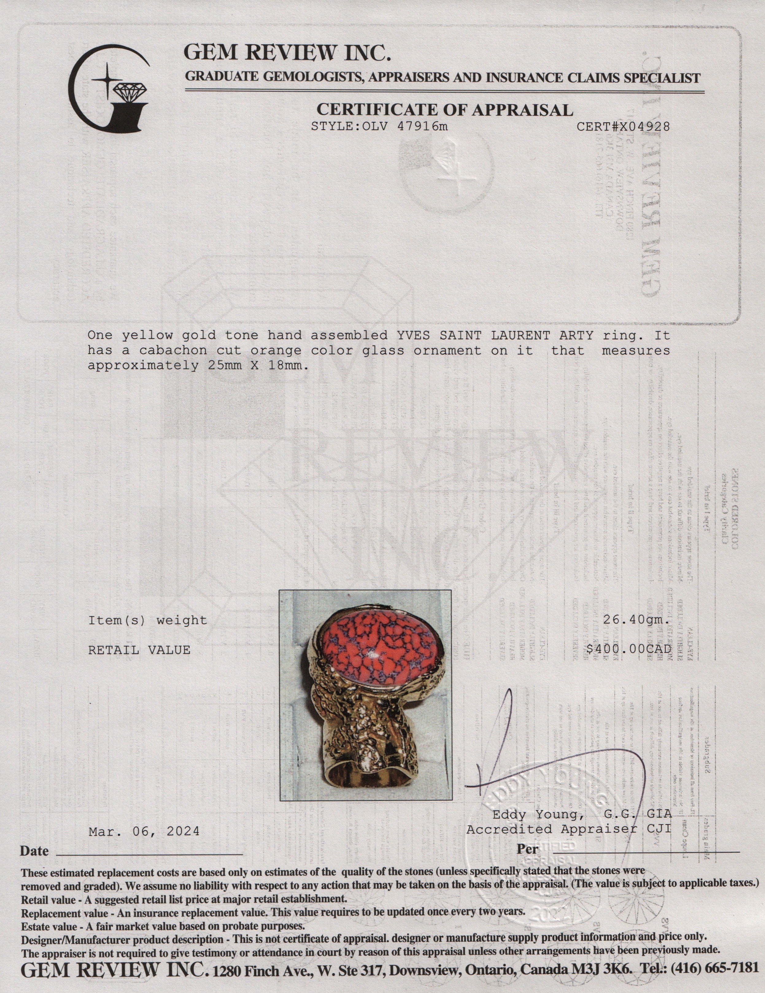 Saint Laurent Gold Plated Arty Ring, Size 7 w/ Box