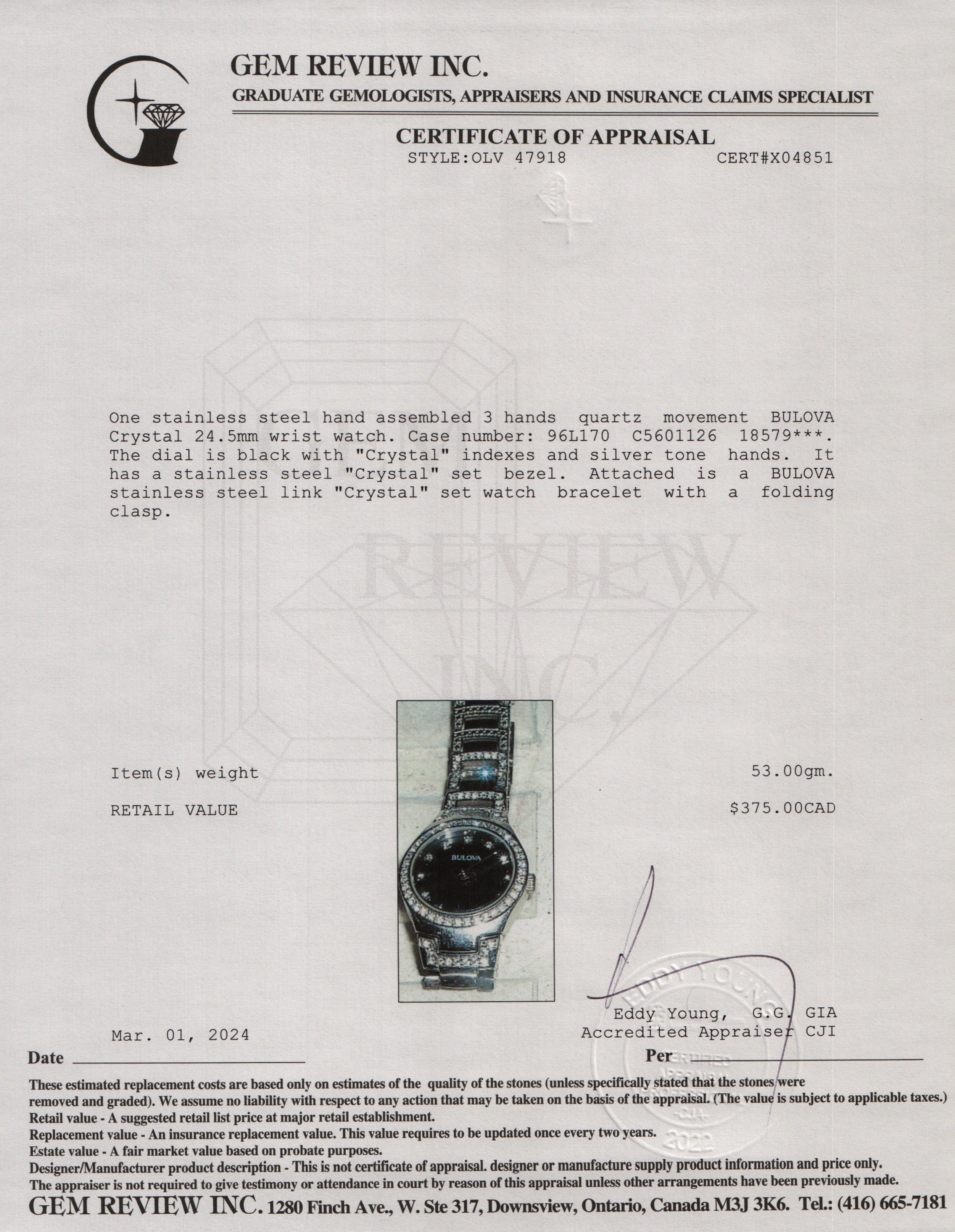 Bulova Stainless Steel Crystal 24.5 MM Quartz Watch