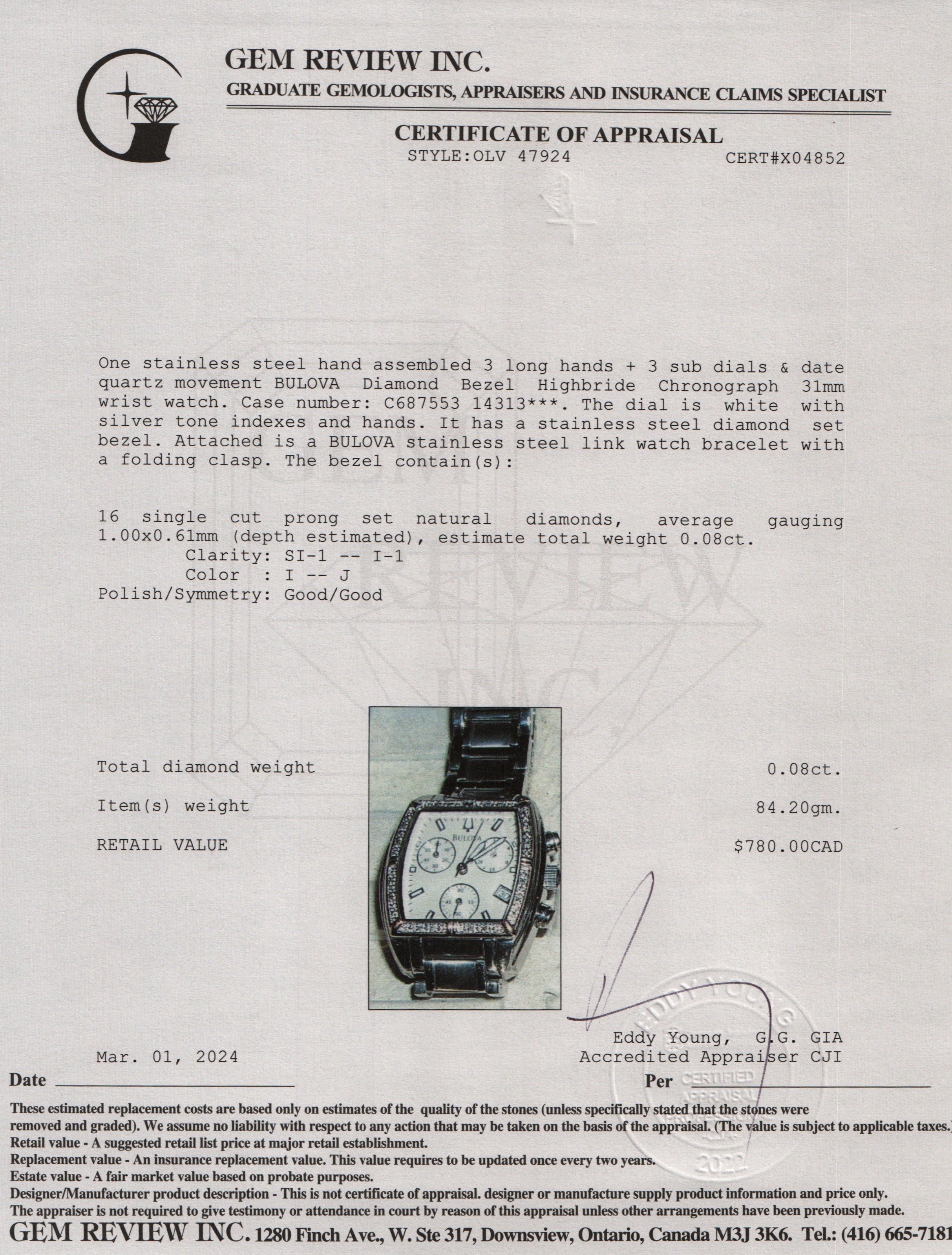 Bulova Stainless Steel Diamond Bezel Highbride Chronograph 31 MM Quartz Watch