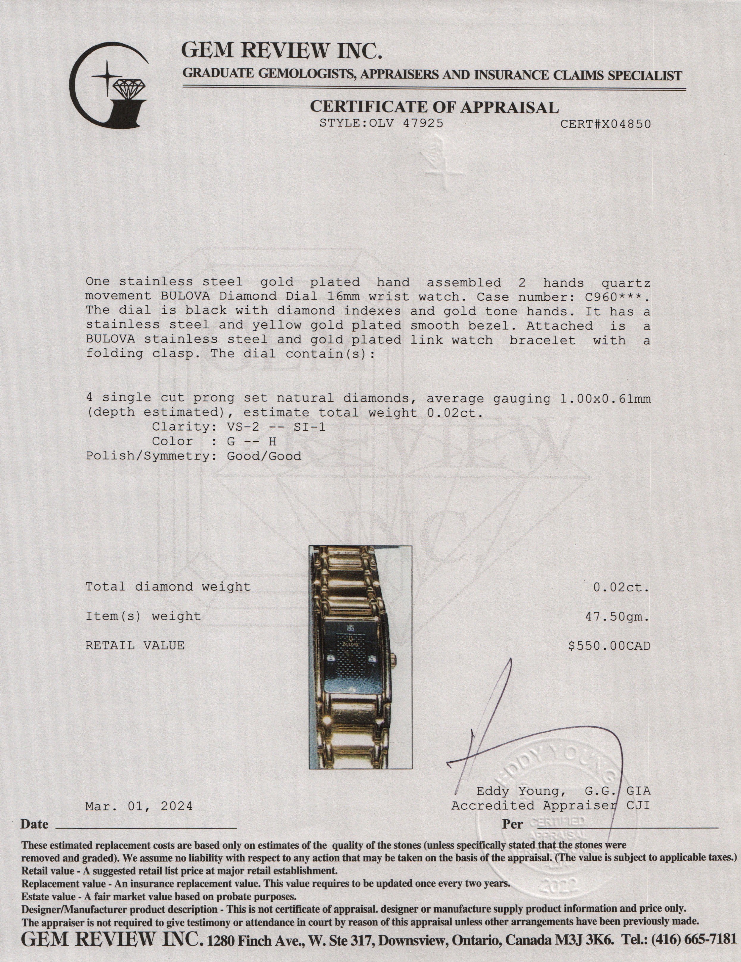 Bulova Gold Plated Stainless Steel Diamond Dial 16 MM Quartz Watch