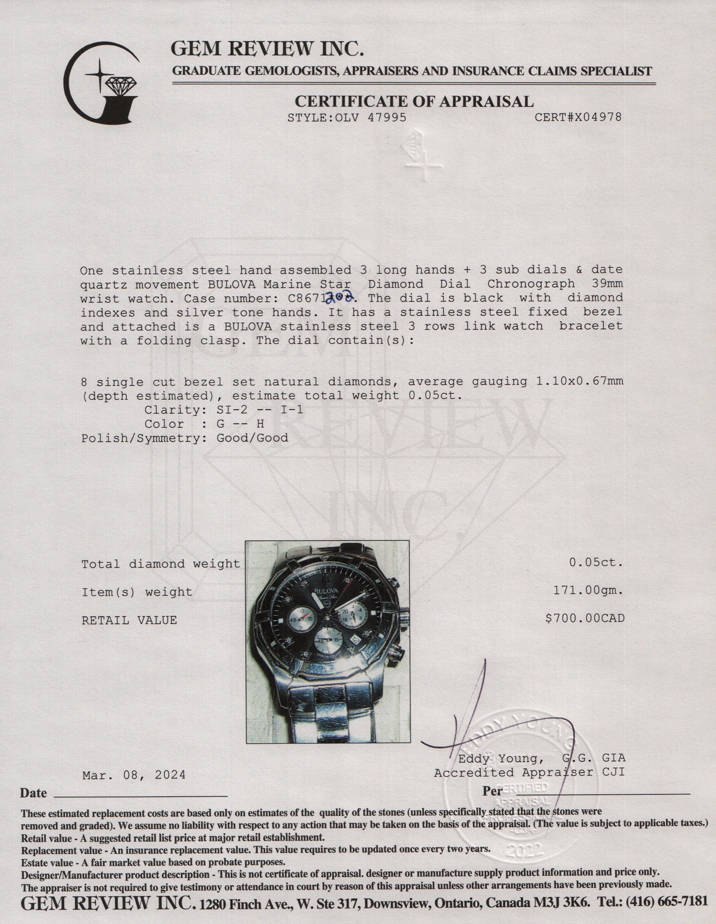 Bulova Stainless Steel Marine Star Diamond Dial 39 MM Chronograph Watch