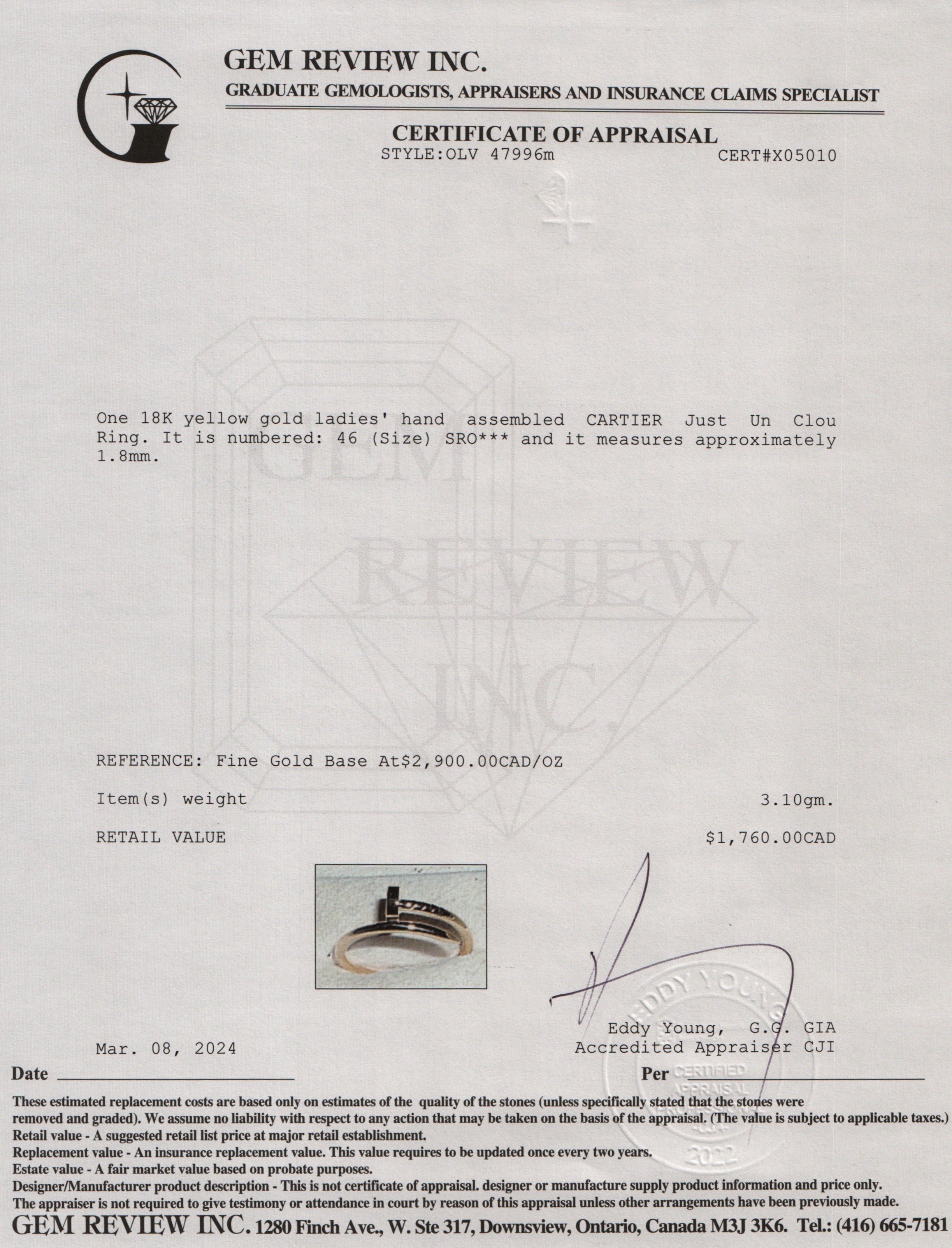 Cartier 18k Yellow Gold Juste Un Clou Ring, Small Model, Size 46 3.75