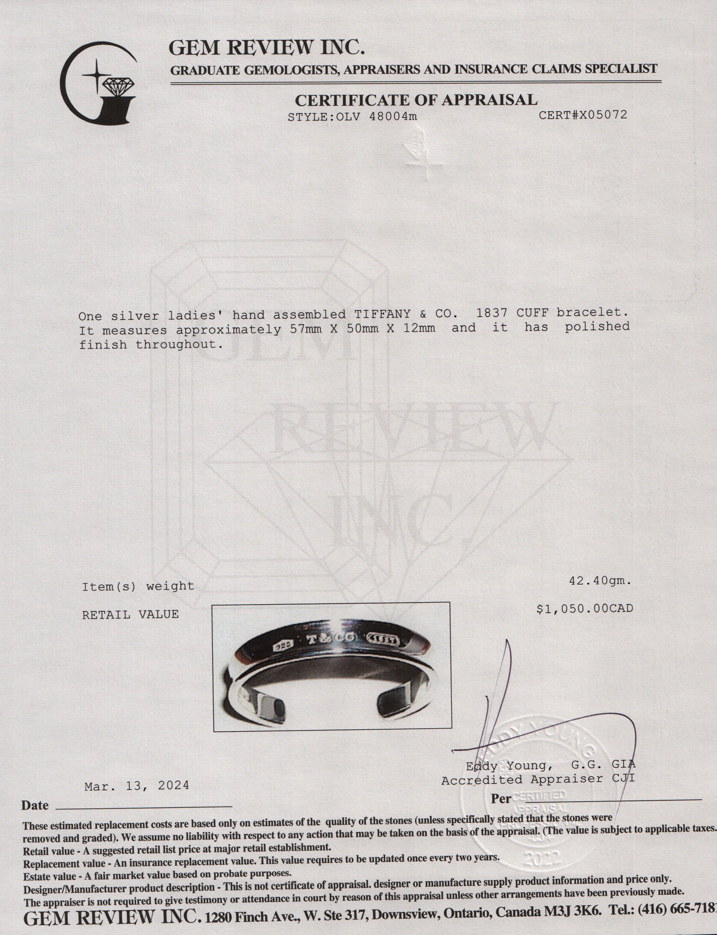 Tiffany & Co. Sterling Silver 1837 12 MM Cuff