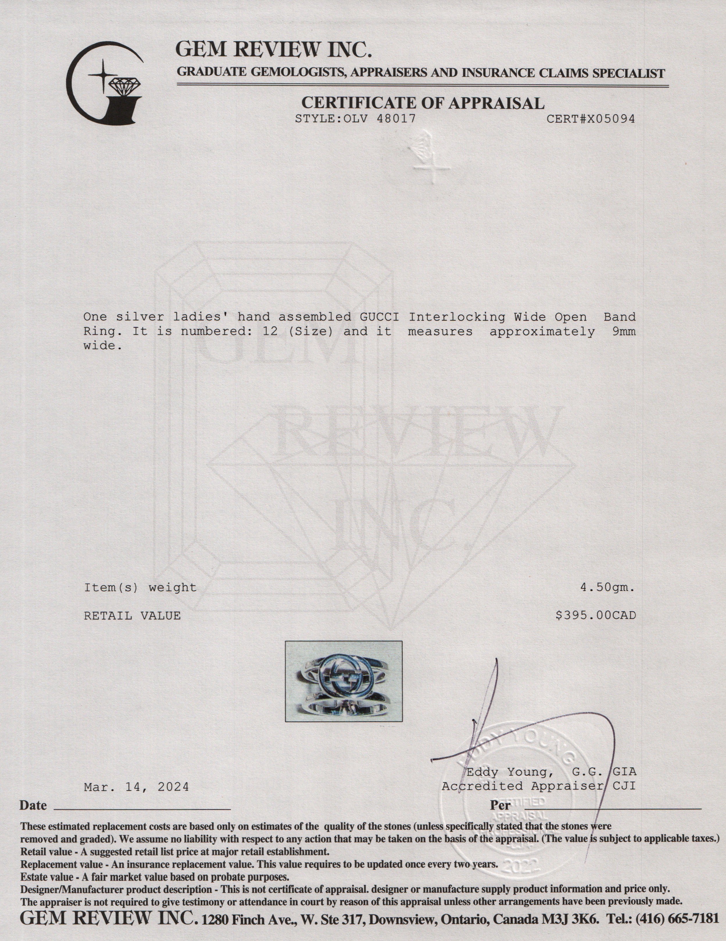 Gucci Sterling Silver Interlocking Wide Open Band Ring, Size 12 6 w/ Box