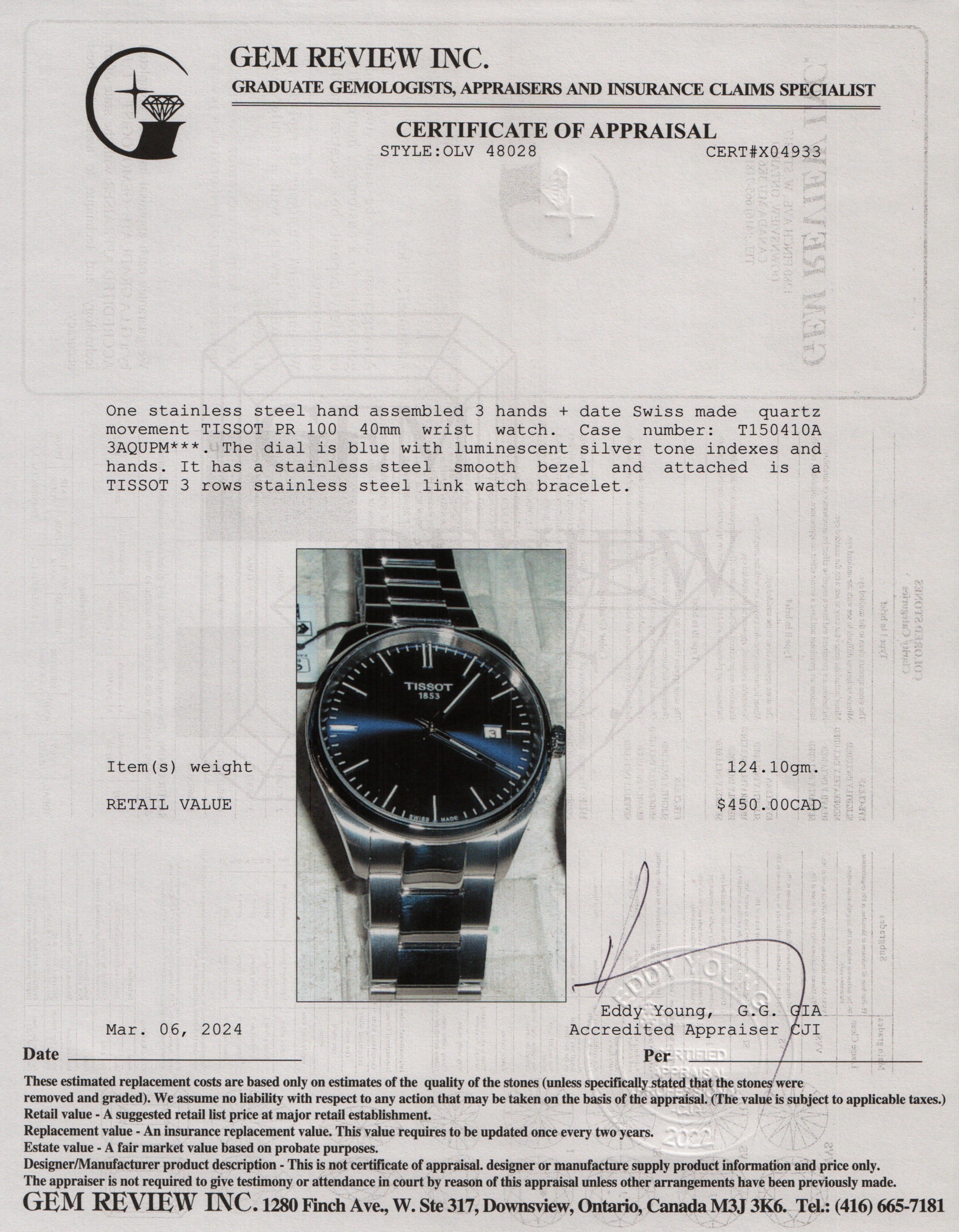 Tissot Stainless Steel PR 100 40 MM Quartz Watch w/ Box & Papers