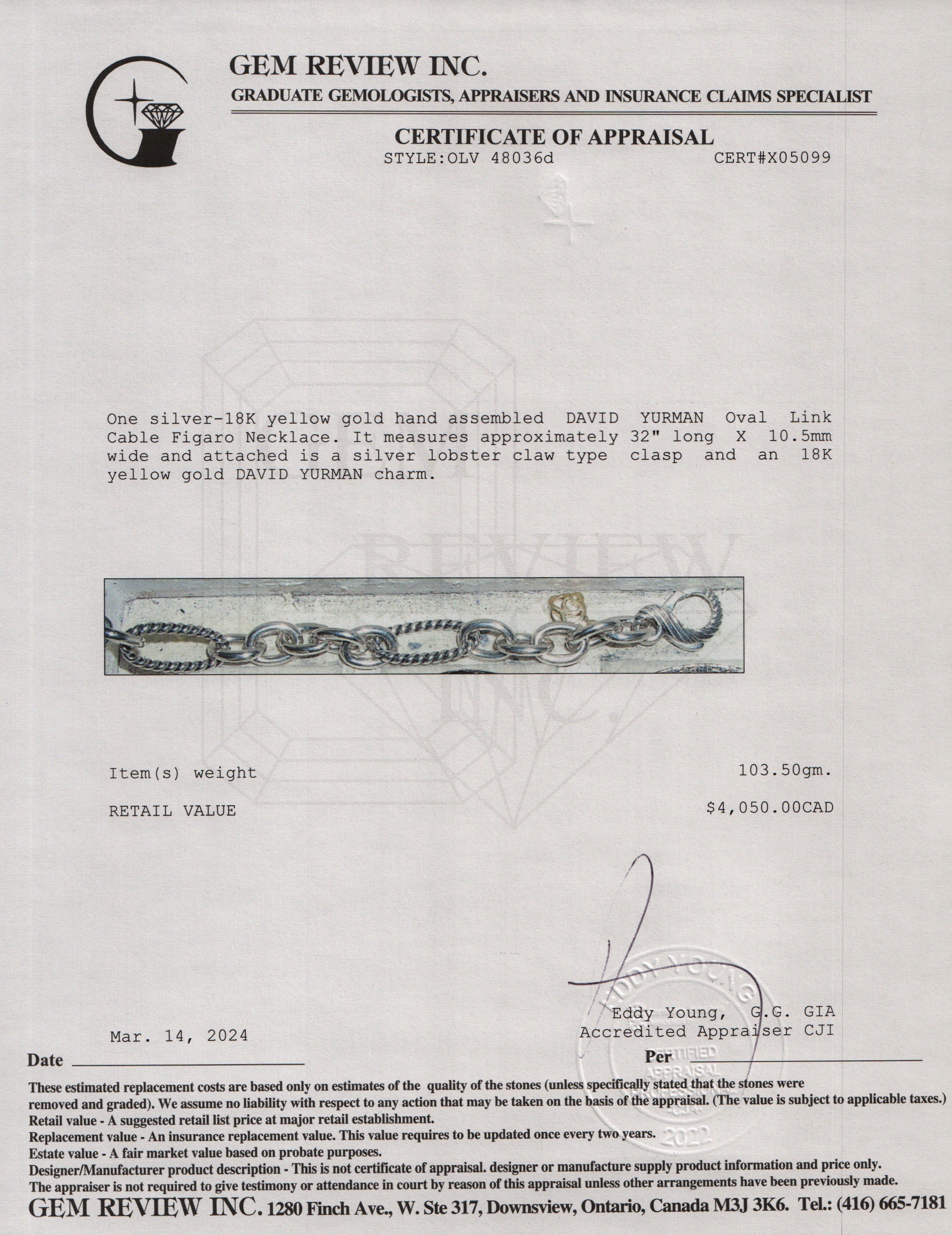 David Yurman Sterling Silver & 18k Yellow Gold Oval Link Cable Chain Figaro Necklace, 32"