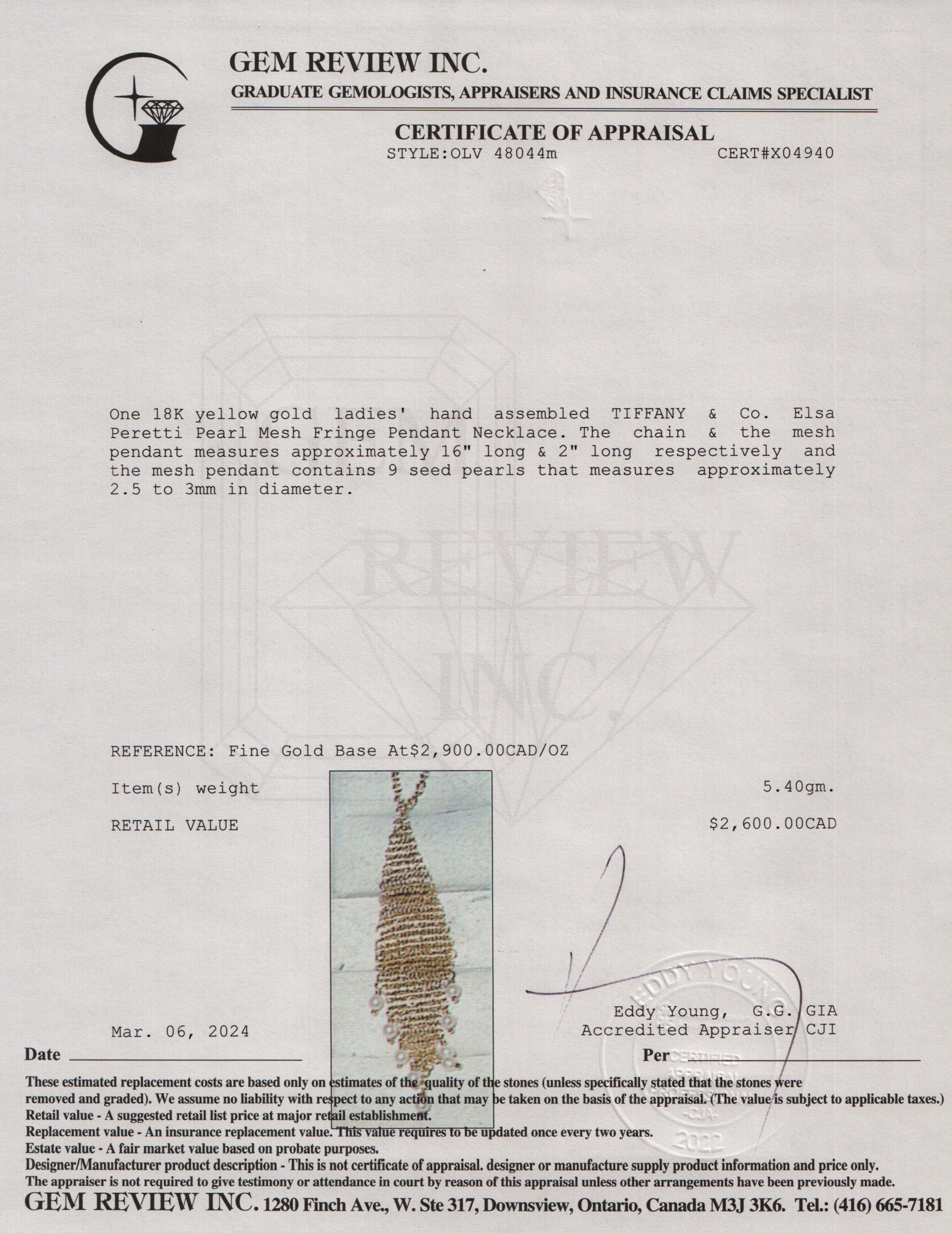 Tiffany & Co. Elsa Peretti 18k Yellow Gold Pearl Mesh Fringe Pendant Necklace w/ Box