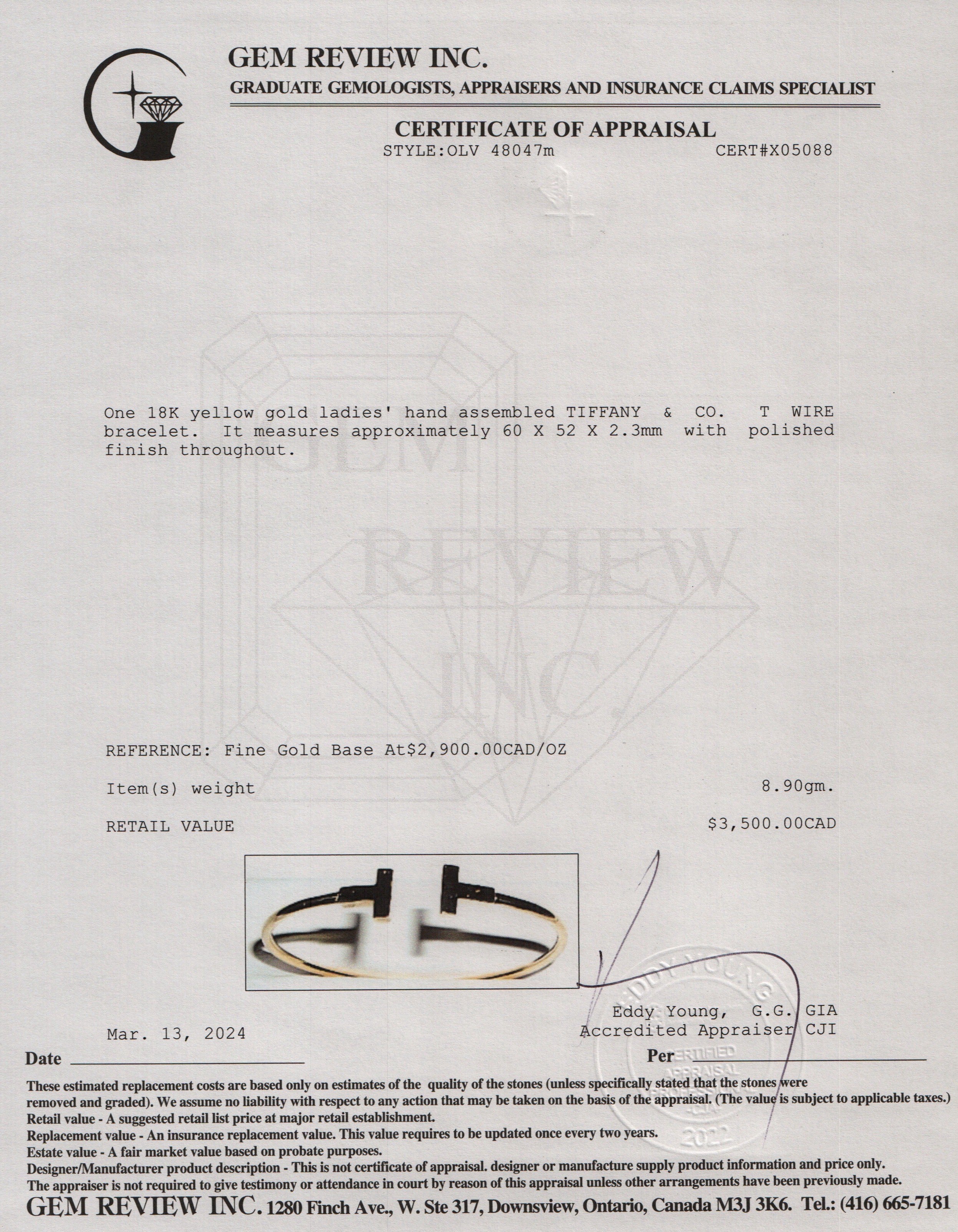 Tiffany & Co. 18k Yellow Gold T Wire Bracelet w/ Box