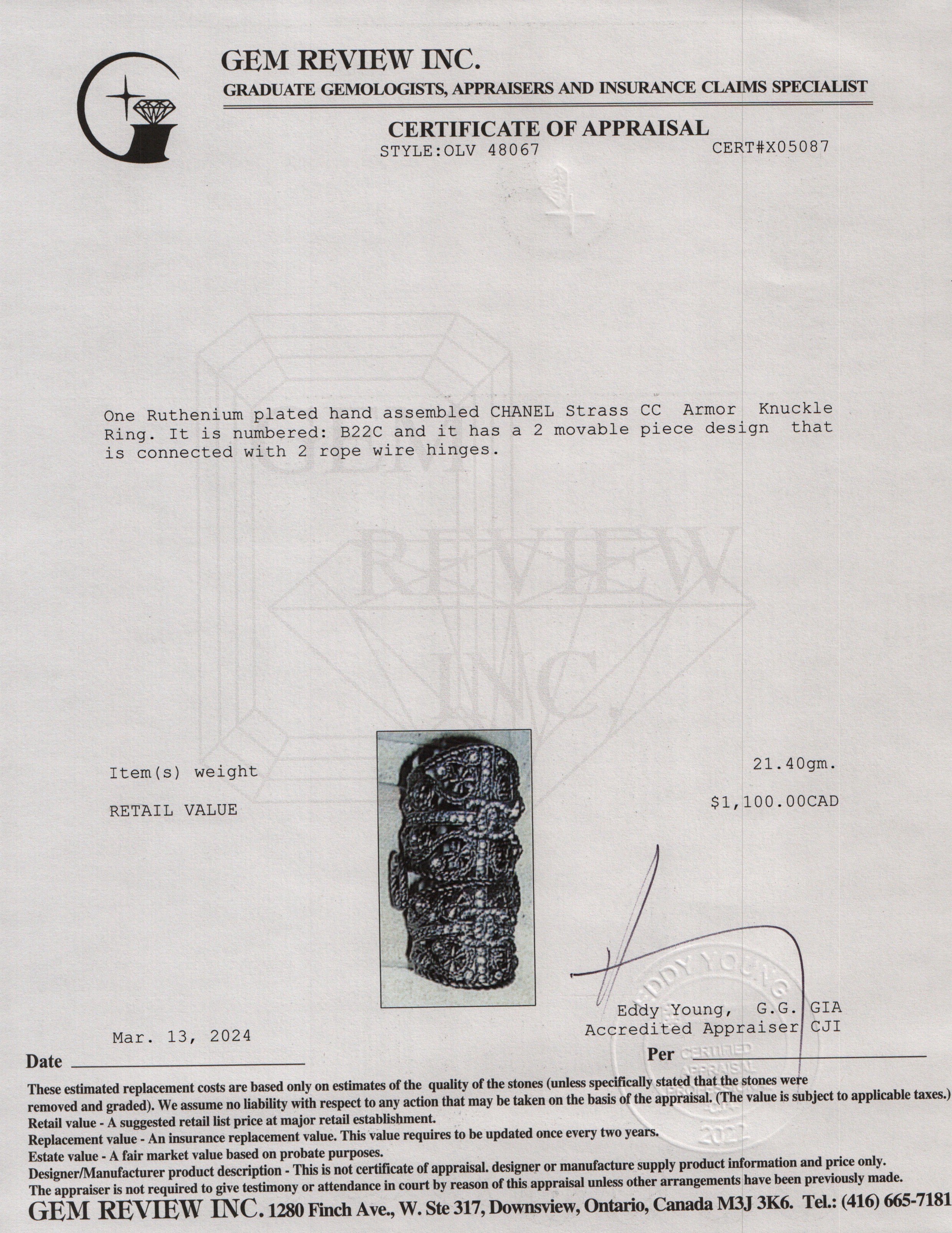 Chanel 2022 Ruthenium Plated Strass CC Armor Knuckle Ring, Size 6.5