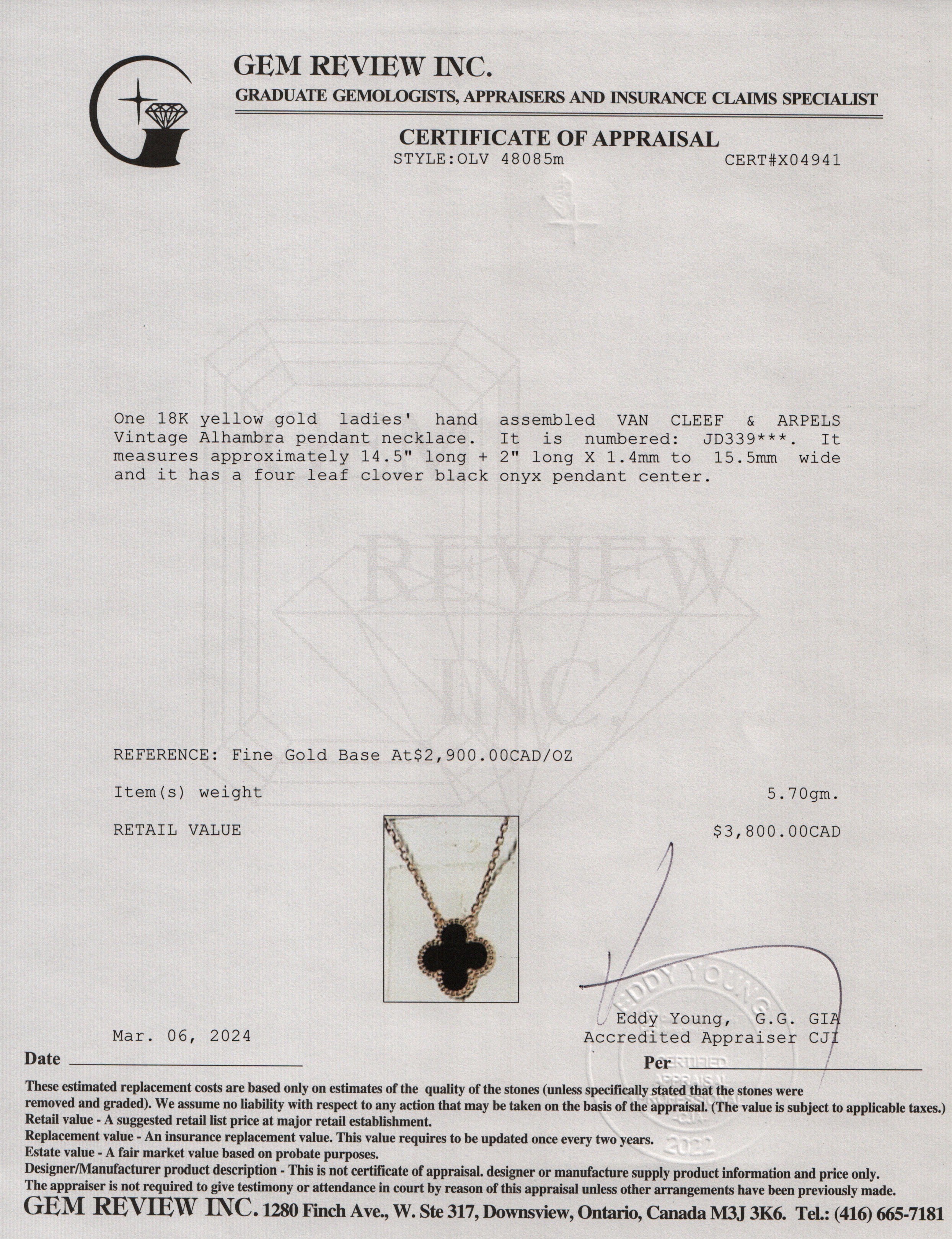 Van Cleef & Arpels 18k Yellow Gold Vintage Alhambra Black Onyx Pendant Necklace w/ Receipt & Certificate