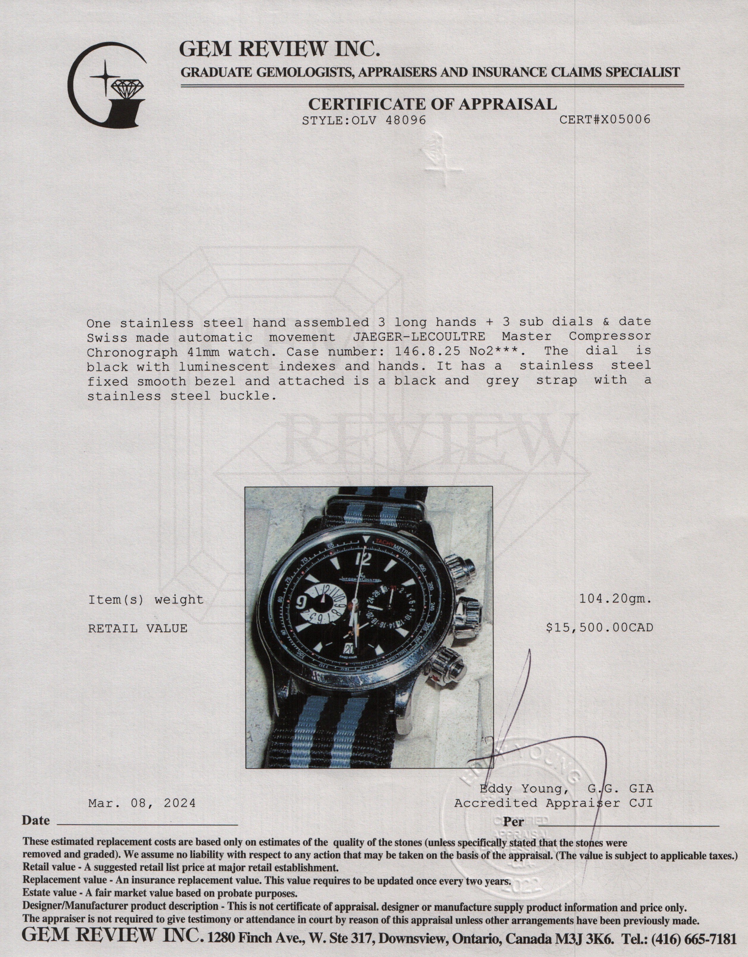 Jaeger LeCoultre Stainless Steel Master Compressor 41 MM Chronograph Automatic Watch w/ Box