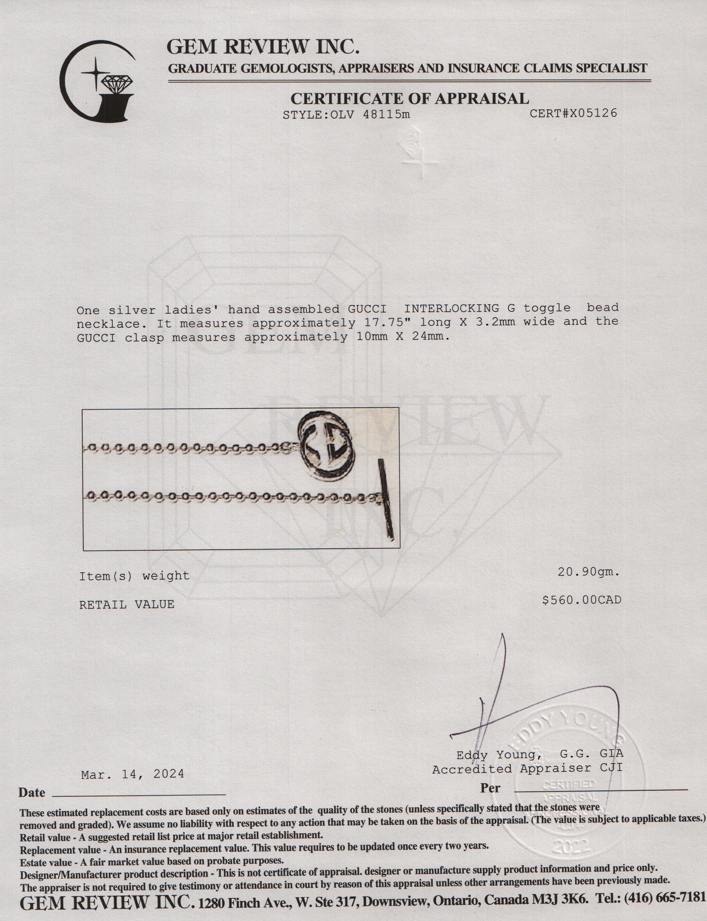 Gucci Sterling Silver Interlocking G Britt Toggle Necklace w/ Box