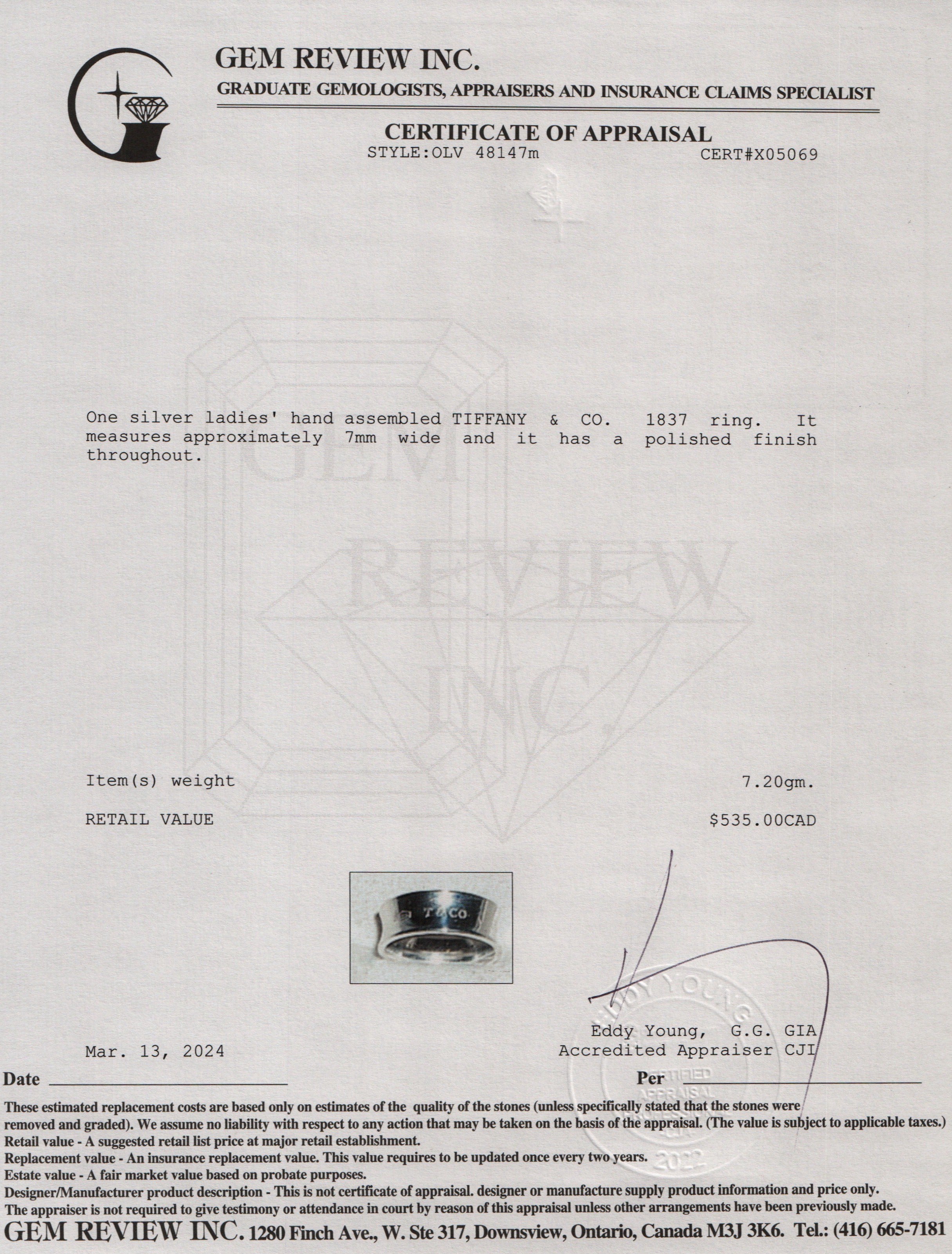 Tiffany & Co. Sterling Silver 1837 Ring, Size 6