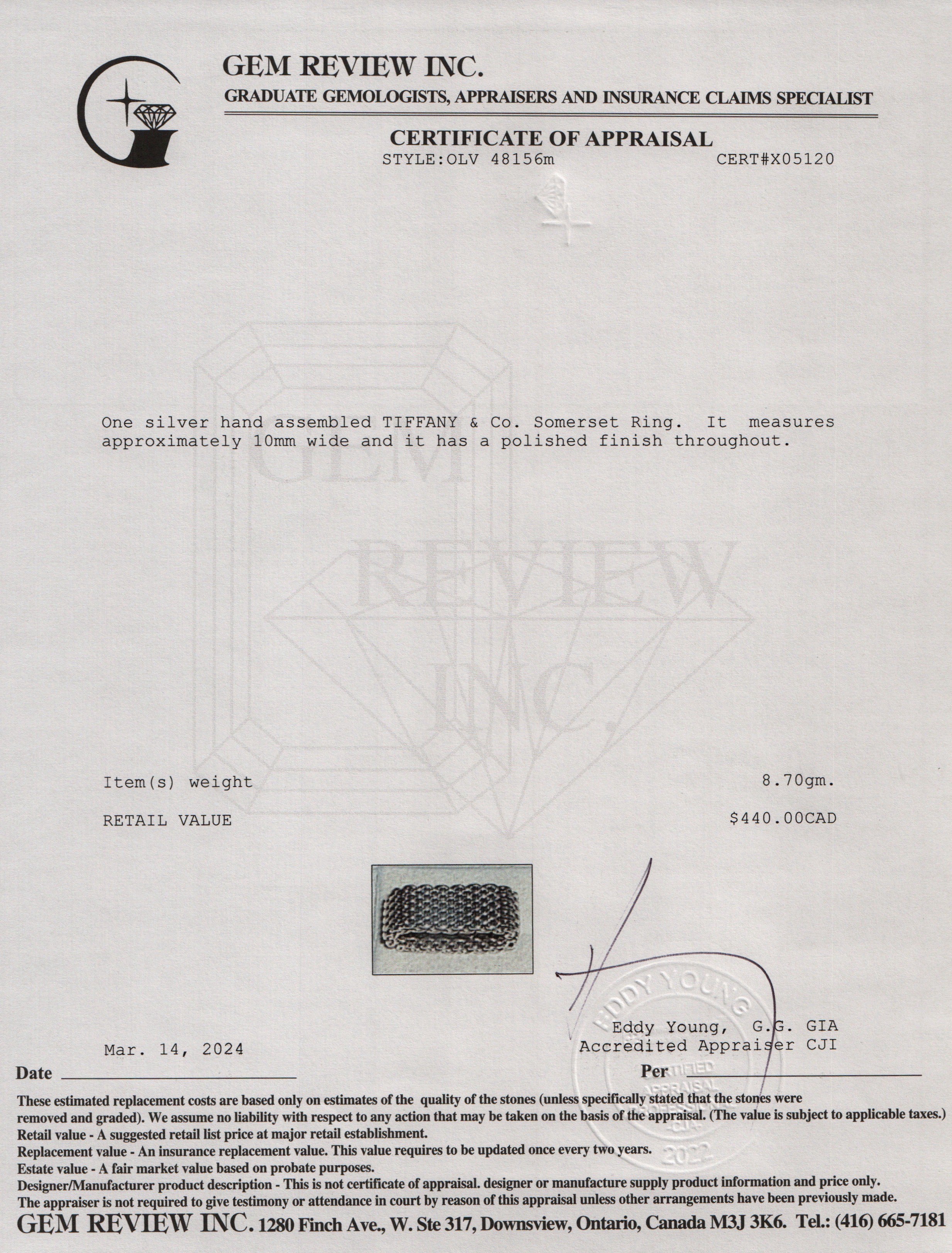 Tiffany & Co. Sterling Silver Somerset Mesh Ring, Size 5.75