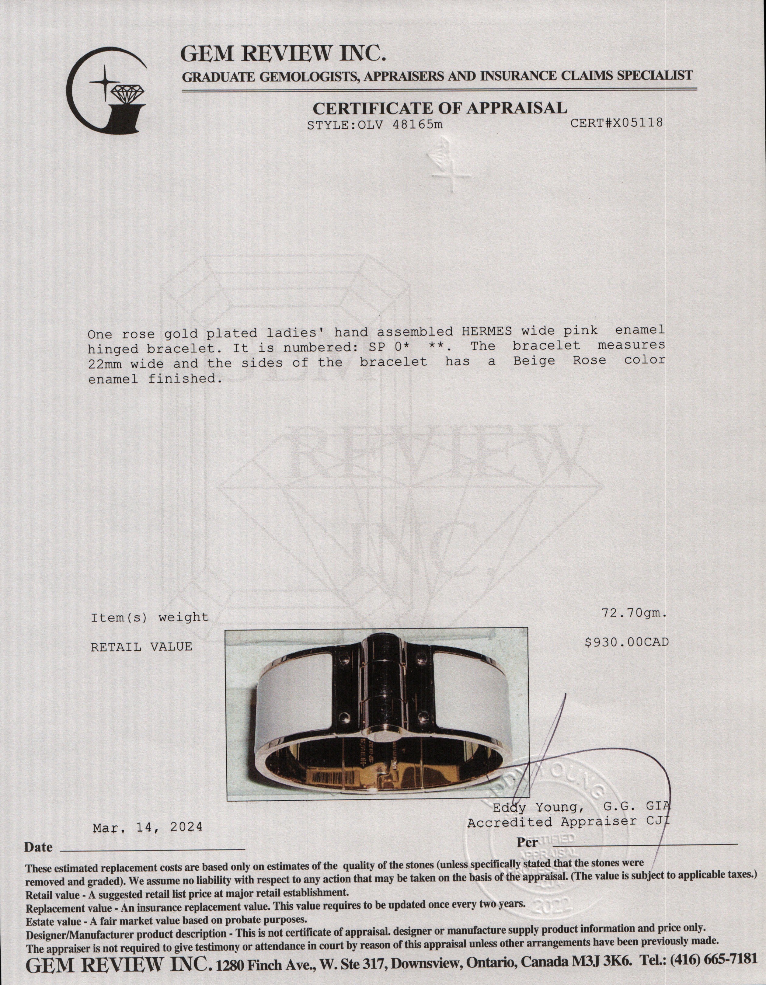 Hermes Rose Gold Plated Wide Hinged Beige Rose Enamel Bracelet