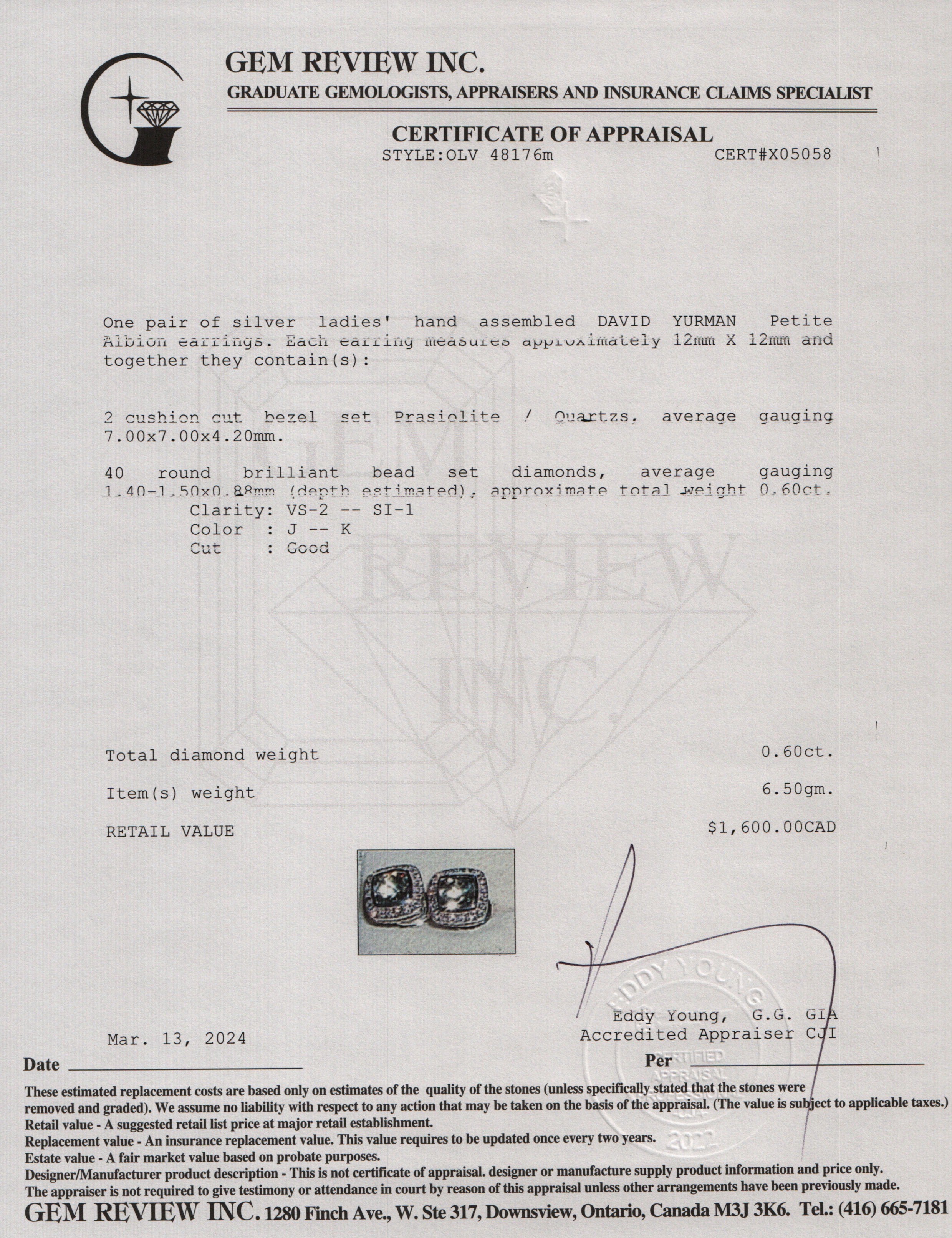 David Yurman Sterling Silver Prasiolite & Diamond Albion Stud Earrings