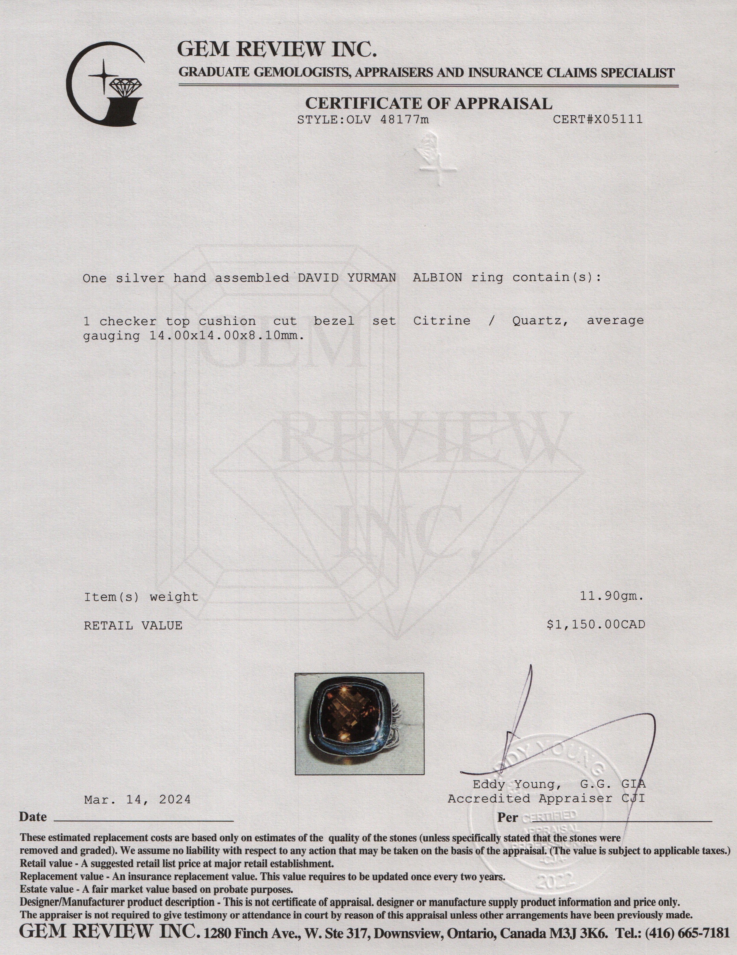 David Yurman Sterling Silver Citrine Albion Ring, Size 6.25