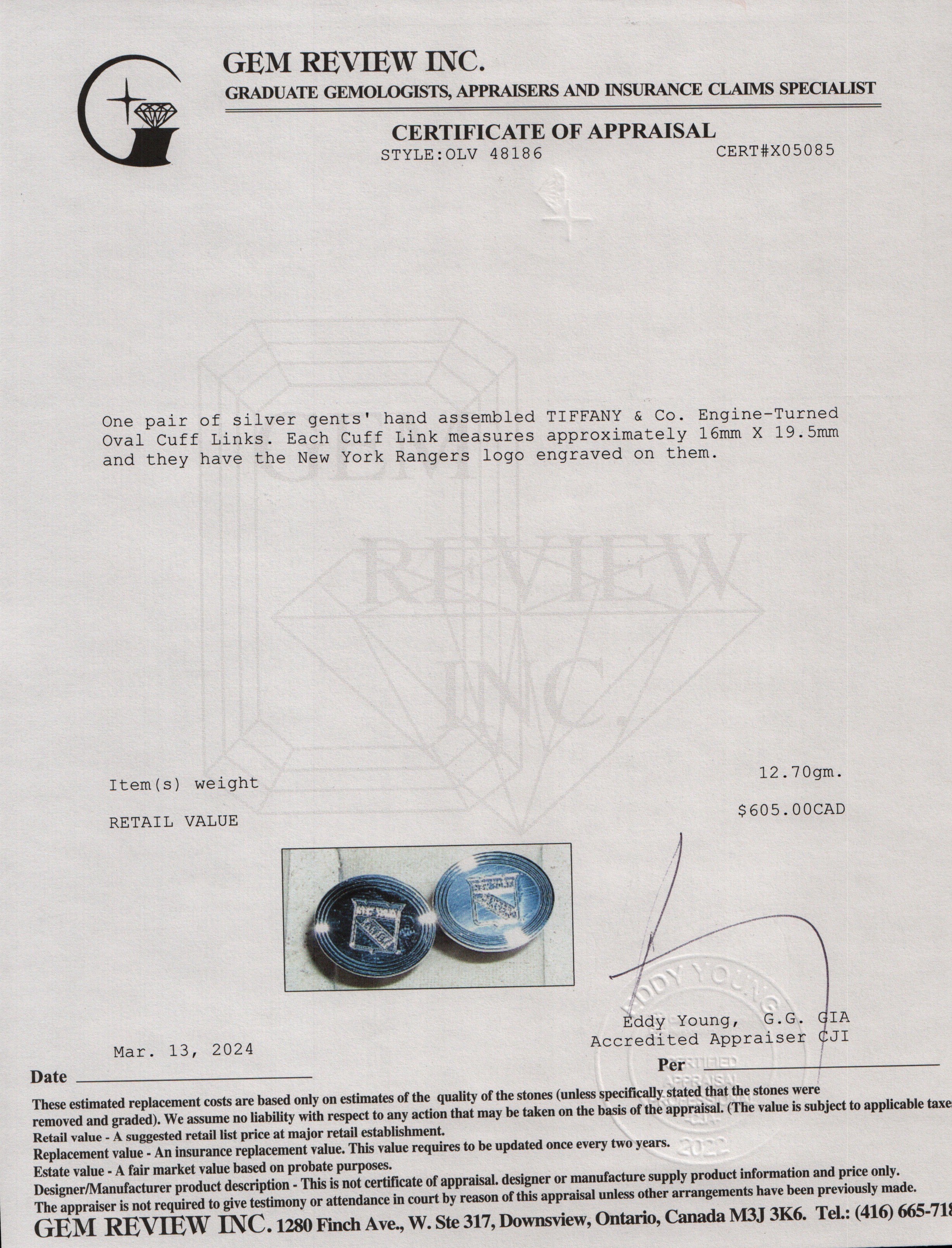 Tiffany & Co. Sterling Silver Engine-Turned 'New York Rangers' Oval Cuff Links