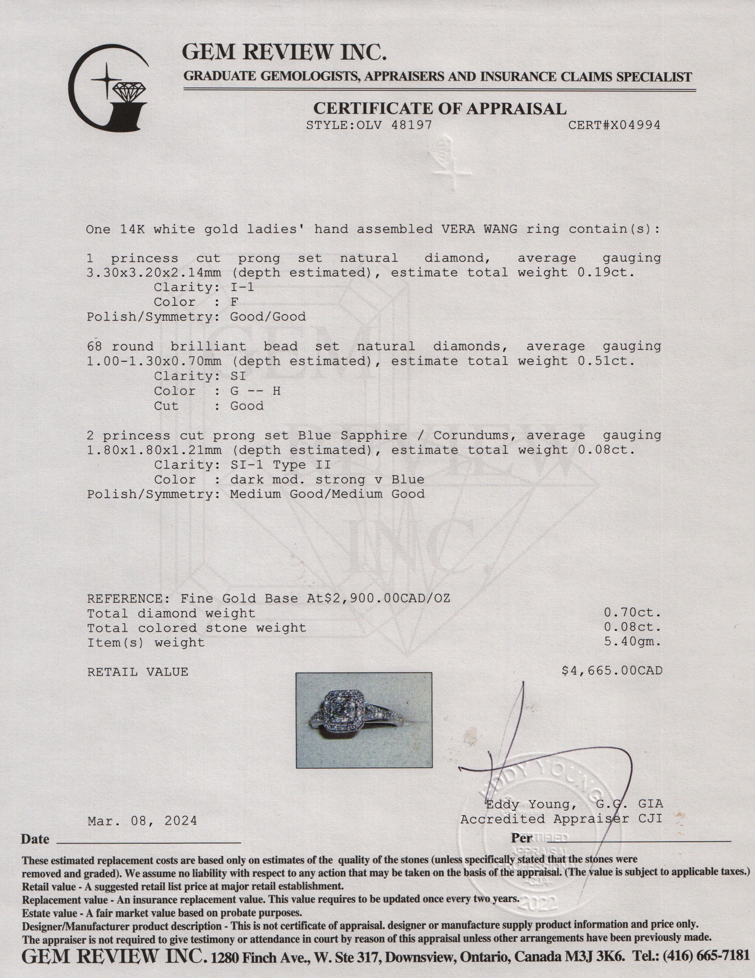 Vera Wang 14k White Gold Love Princess Cut Diamond Engagement Ring, Size 8