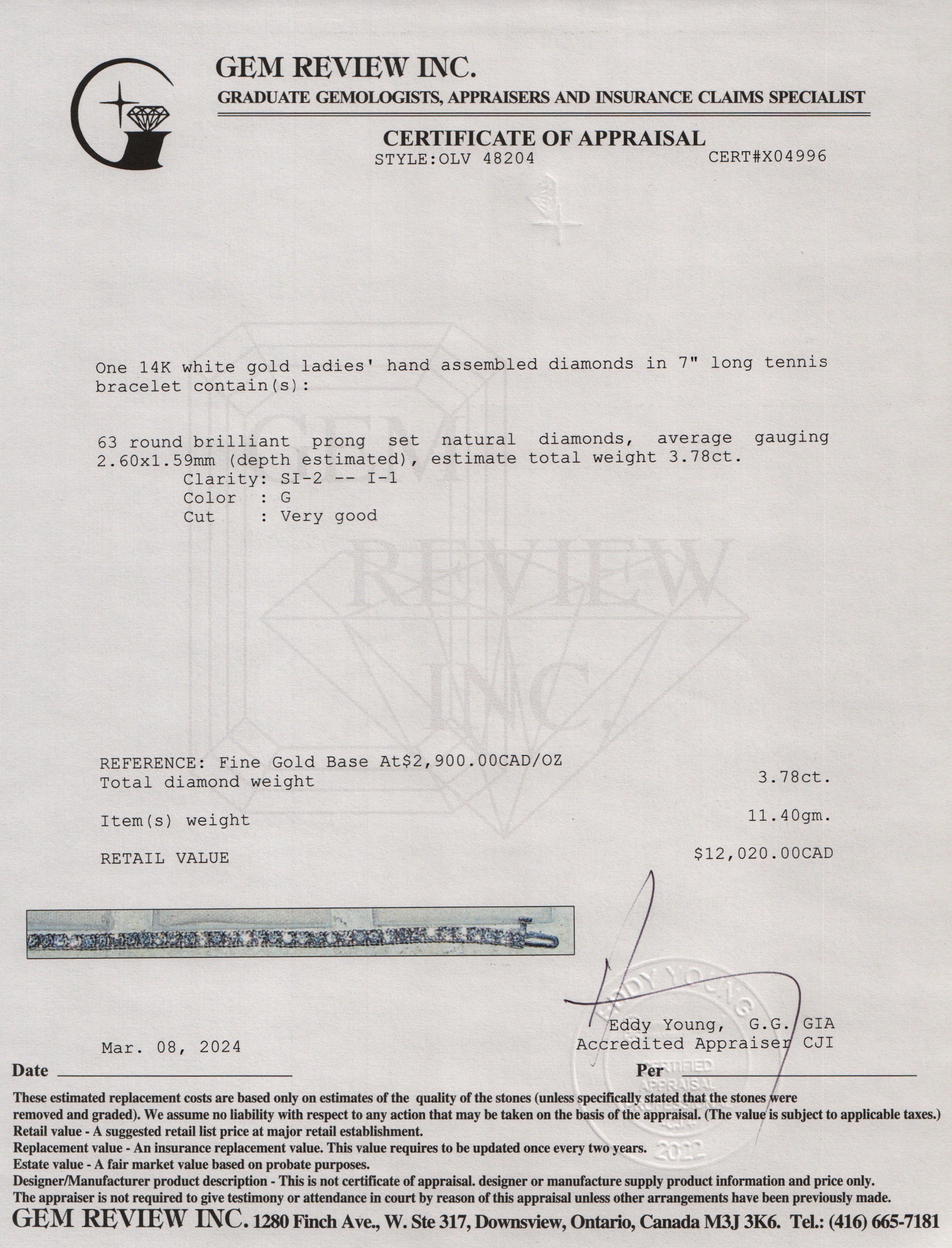 14k White Gold 3.78 tcw. Diamond Tennis Bracelet