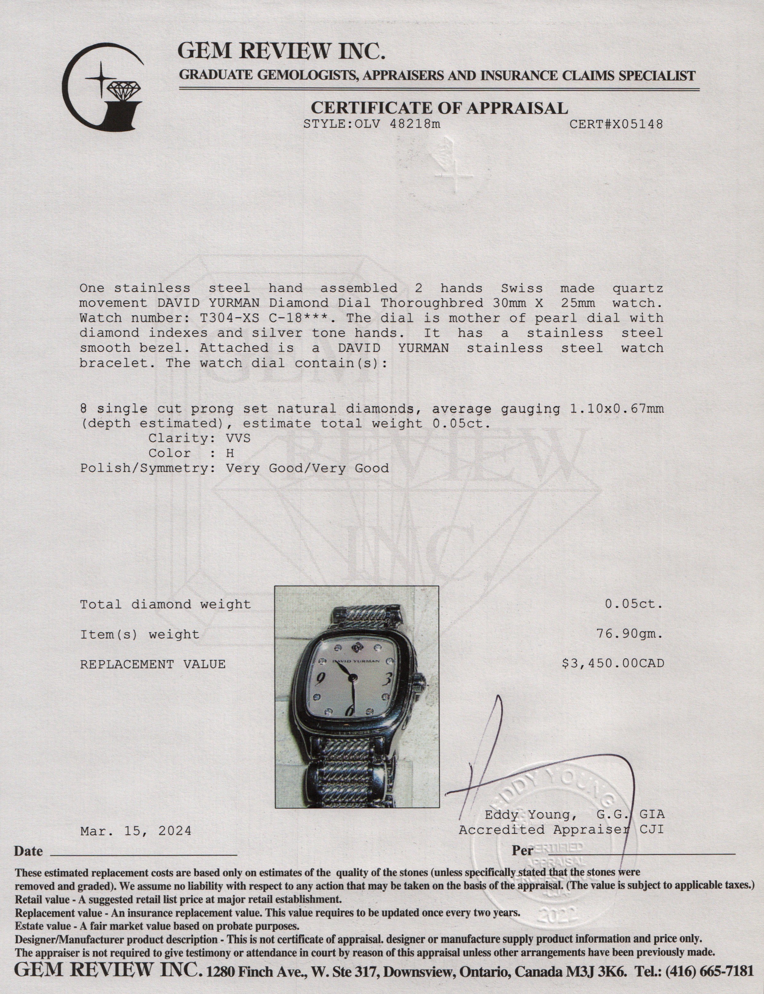 David Yurman Stainless Steel Diamond Dial Thoroughbred 25.5MM Watch w/ Box