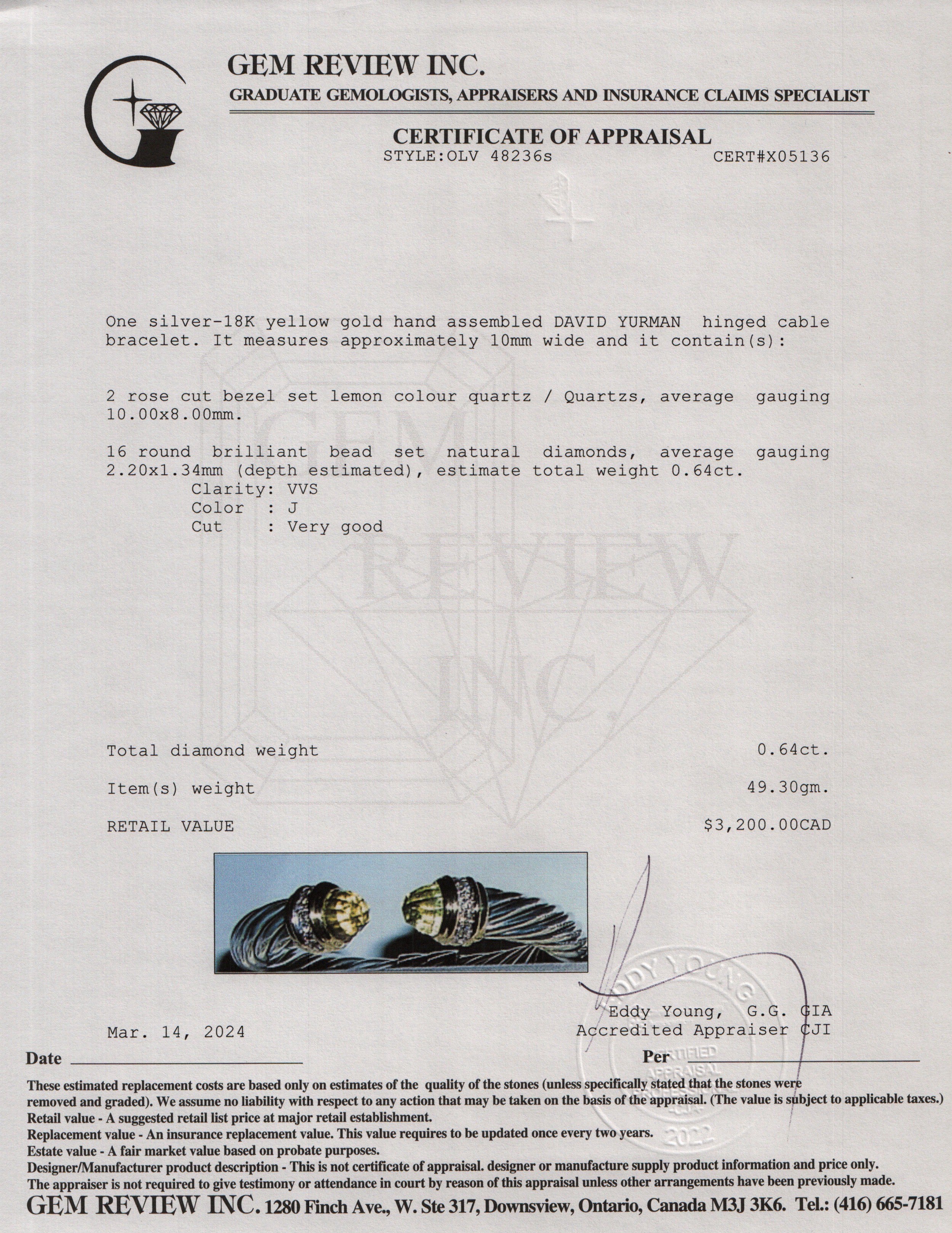 David Yurman Sterling Silver & 18k Yellow Gold Lemon Quartz & Diamond 10 MM Cable Hinged Bracelet