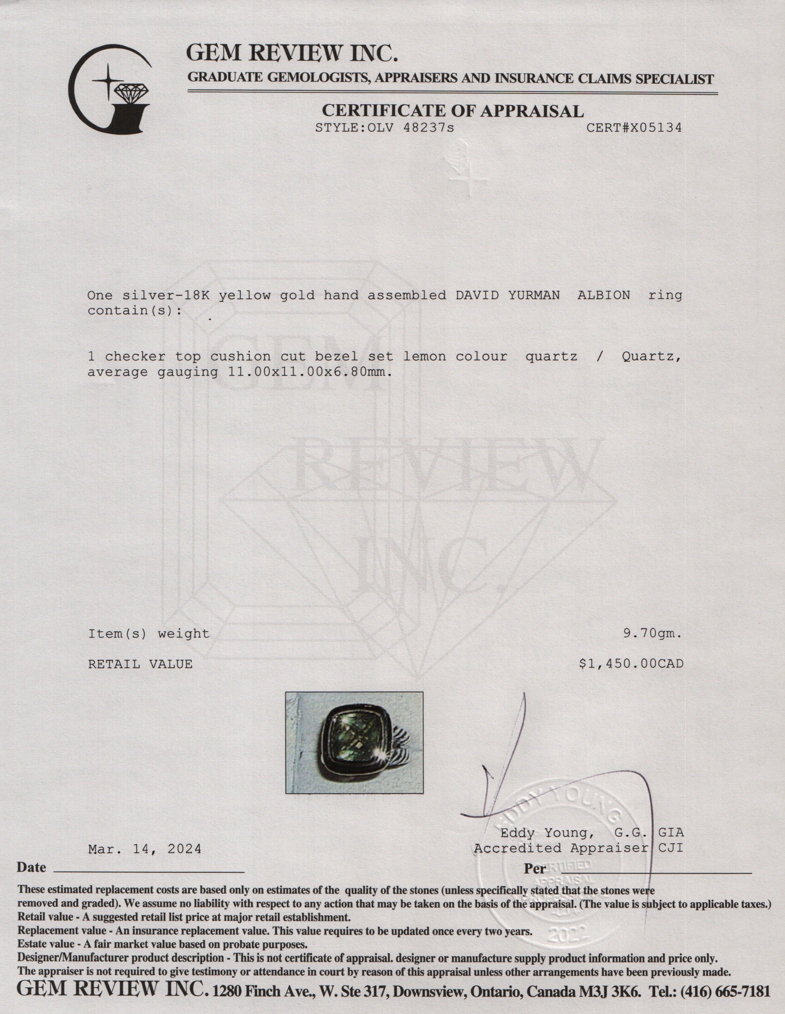 David Yurman Sterling Silver & 18k Yellow Gold Lemon Quartz Albion Ring, Size 6