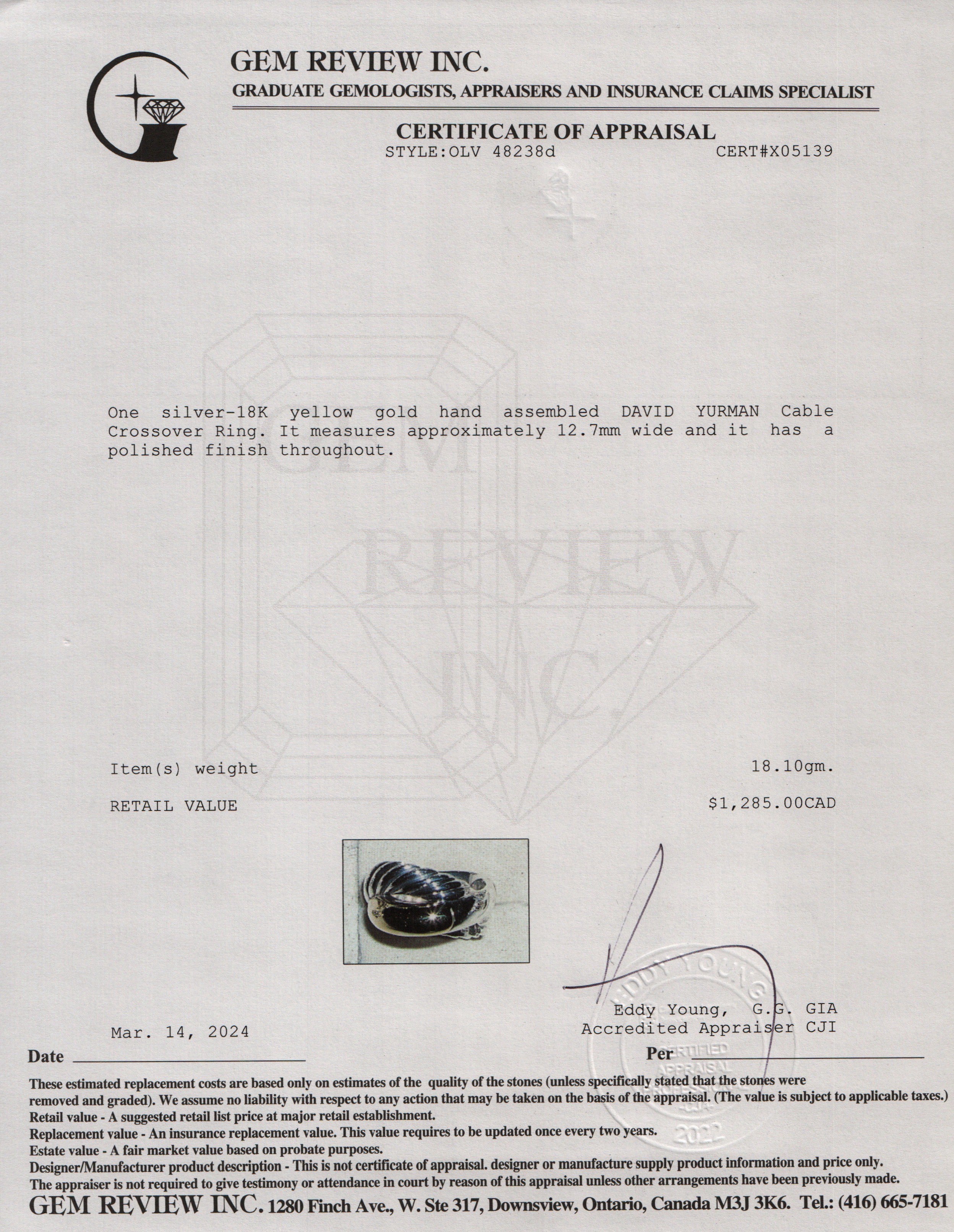 David Yurman Sterling Silver & 18k Yellow Gold Cable Crossover Ring, Size 7