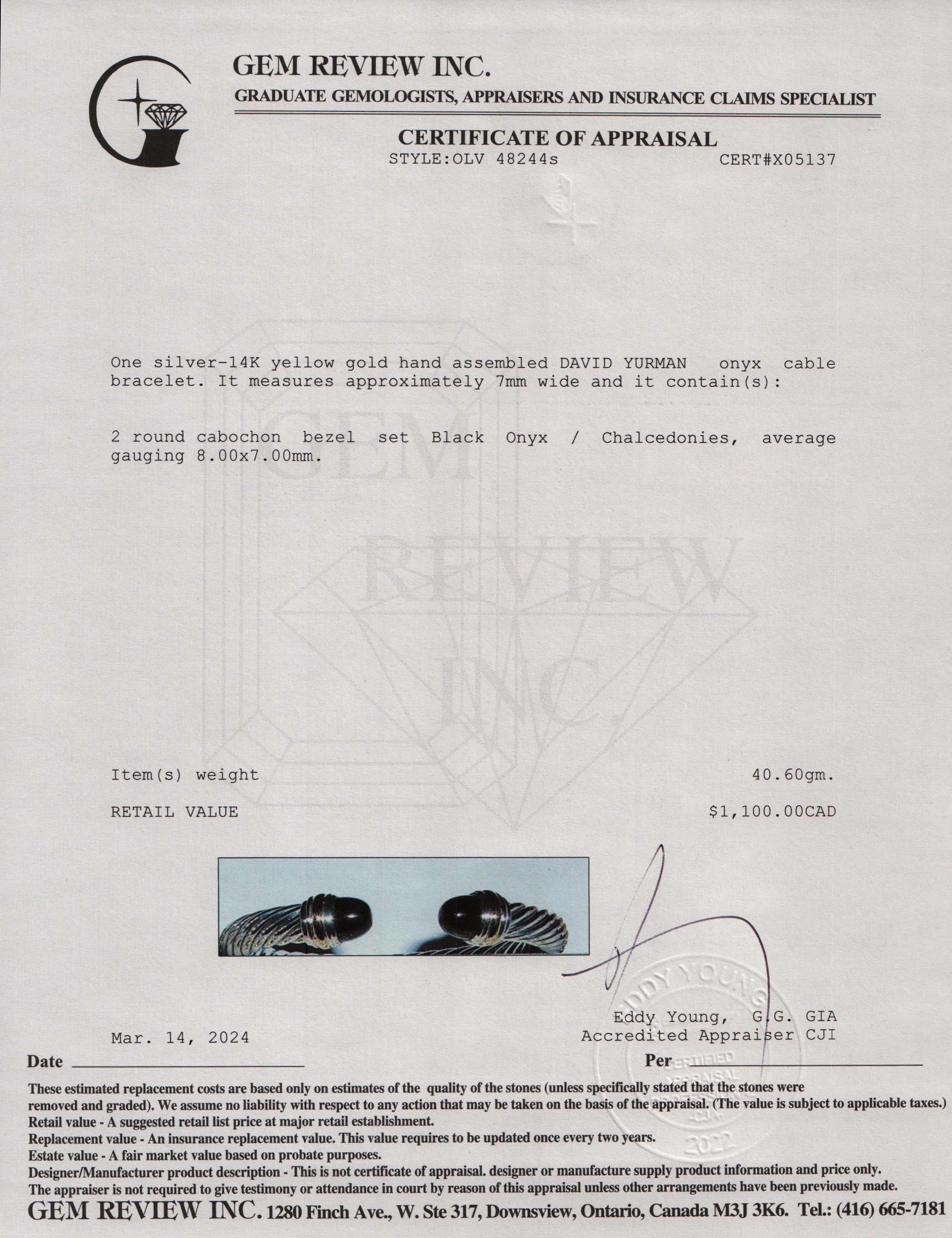 David Yurman Sterling Silver & 14k Yellow Gold Onyx 7 MM Cable Bracelet