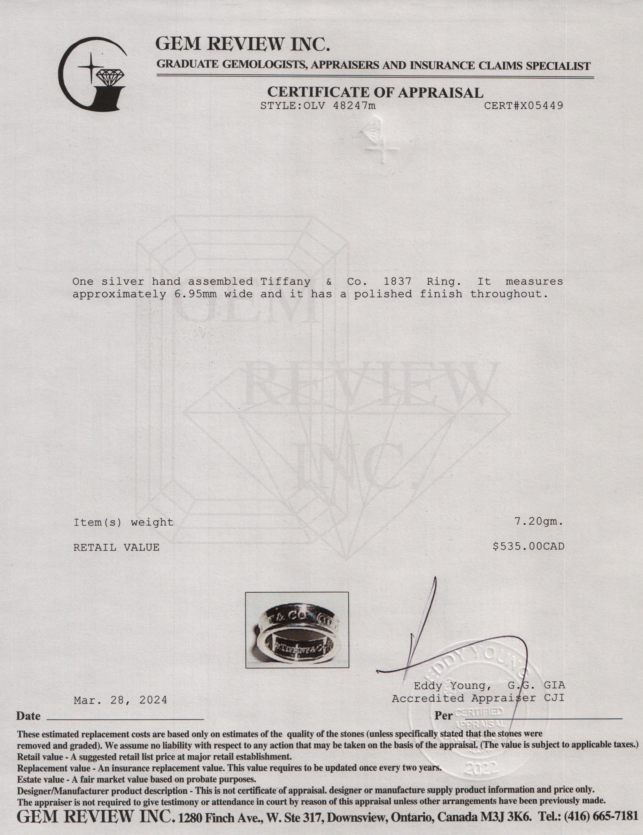 Tiffany & Co. Sterling Silver 1837 Ring, Size 5