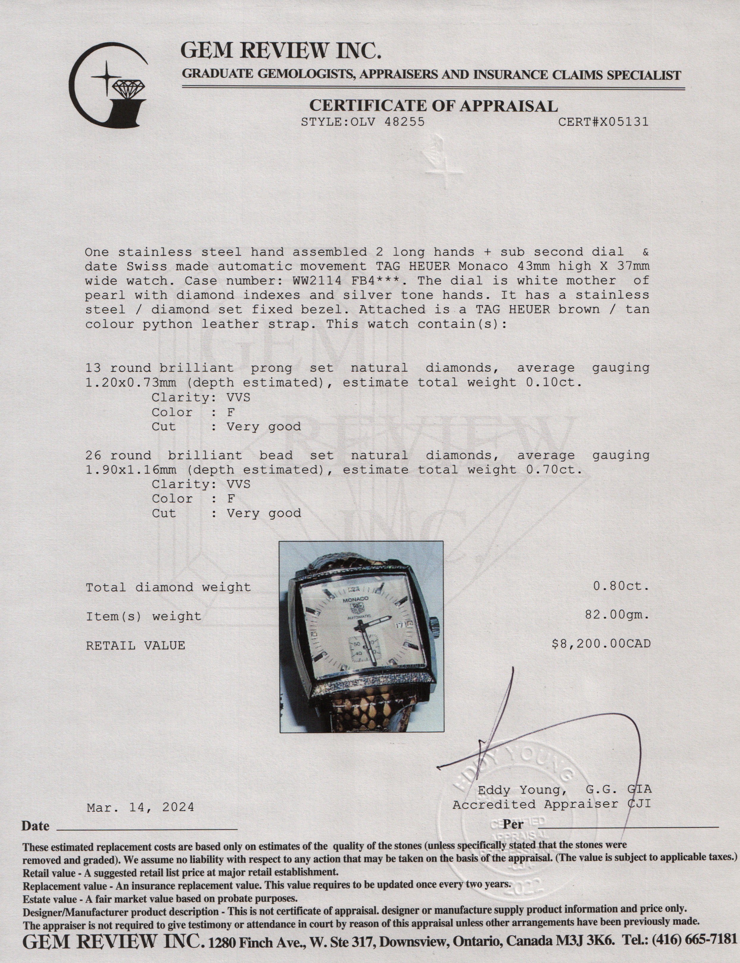 Tag Heuer Stainless Steel Monaco Diamond Bezel & Dial Automatic Watch w/ Box & Papers