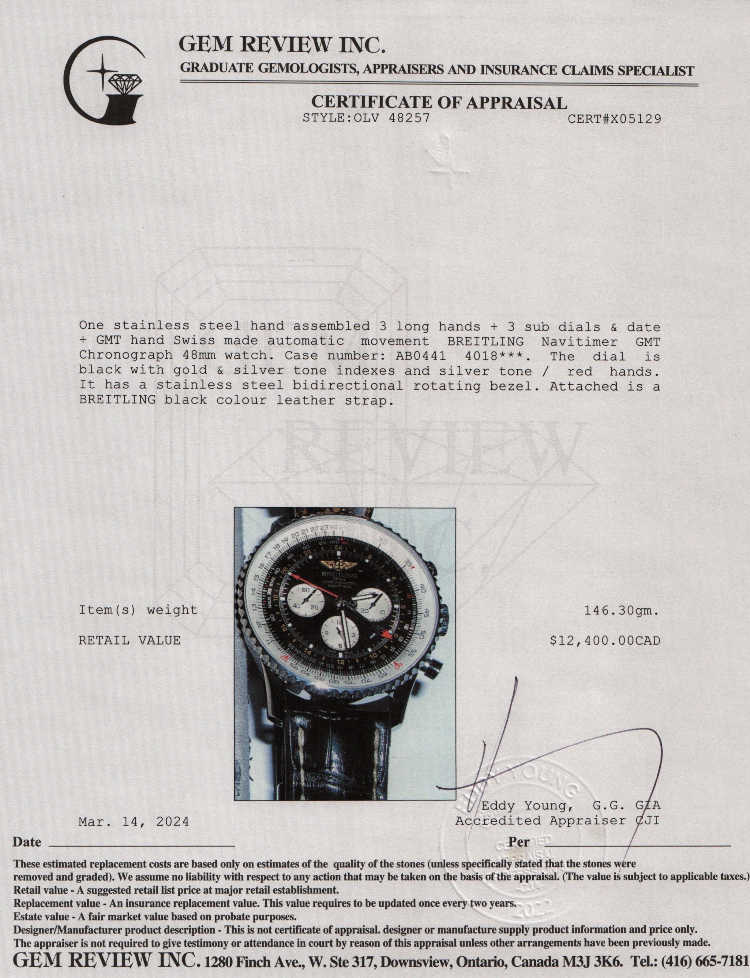 Breitling Stainless Steel Navitimer GMT 48 MM Automatic Chronograph Watch w/ Box & Papers