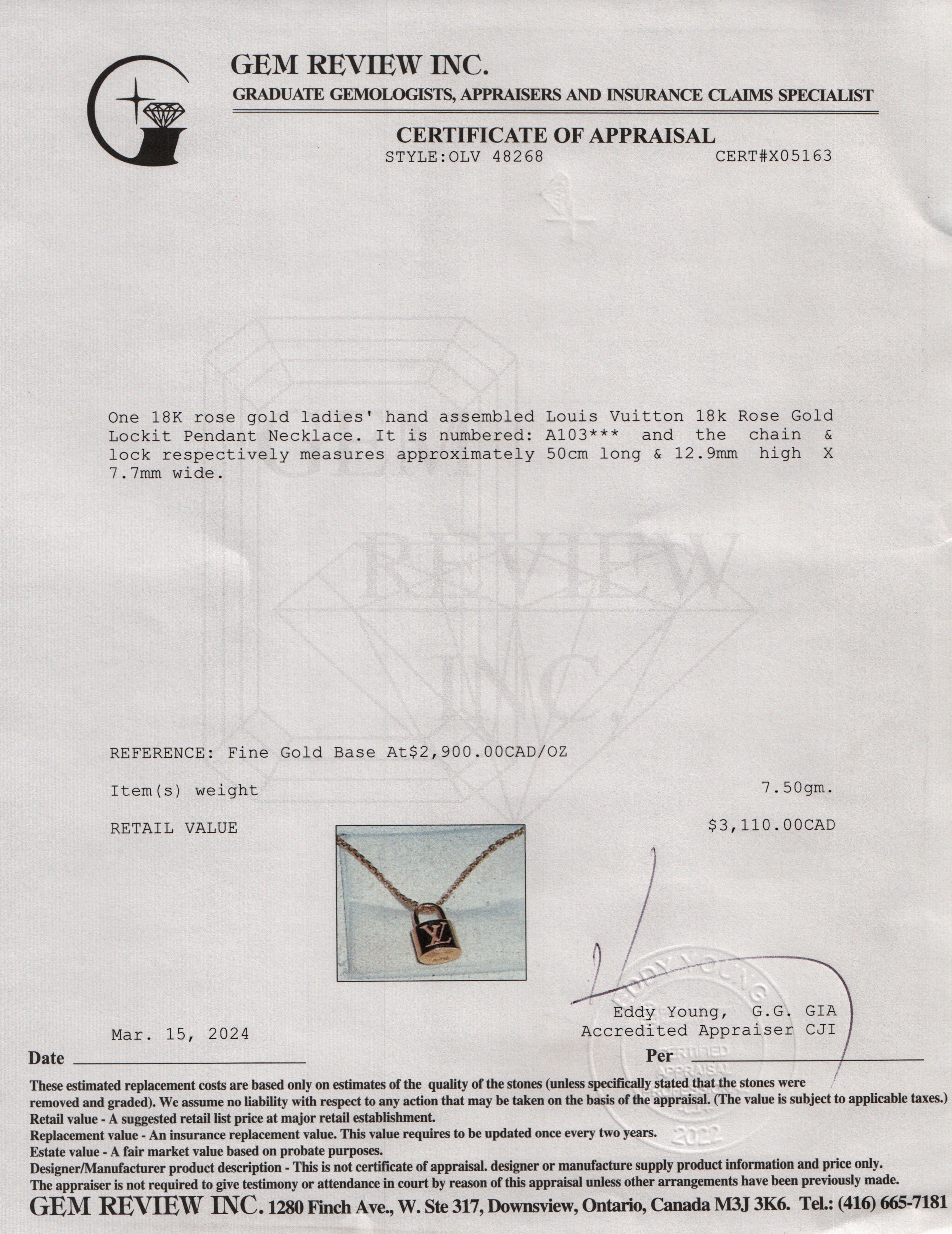 Louis Vuitton 18k Rose Gold Lockit Pendant Necklace w/ Box