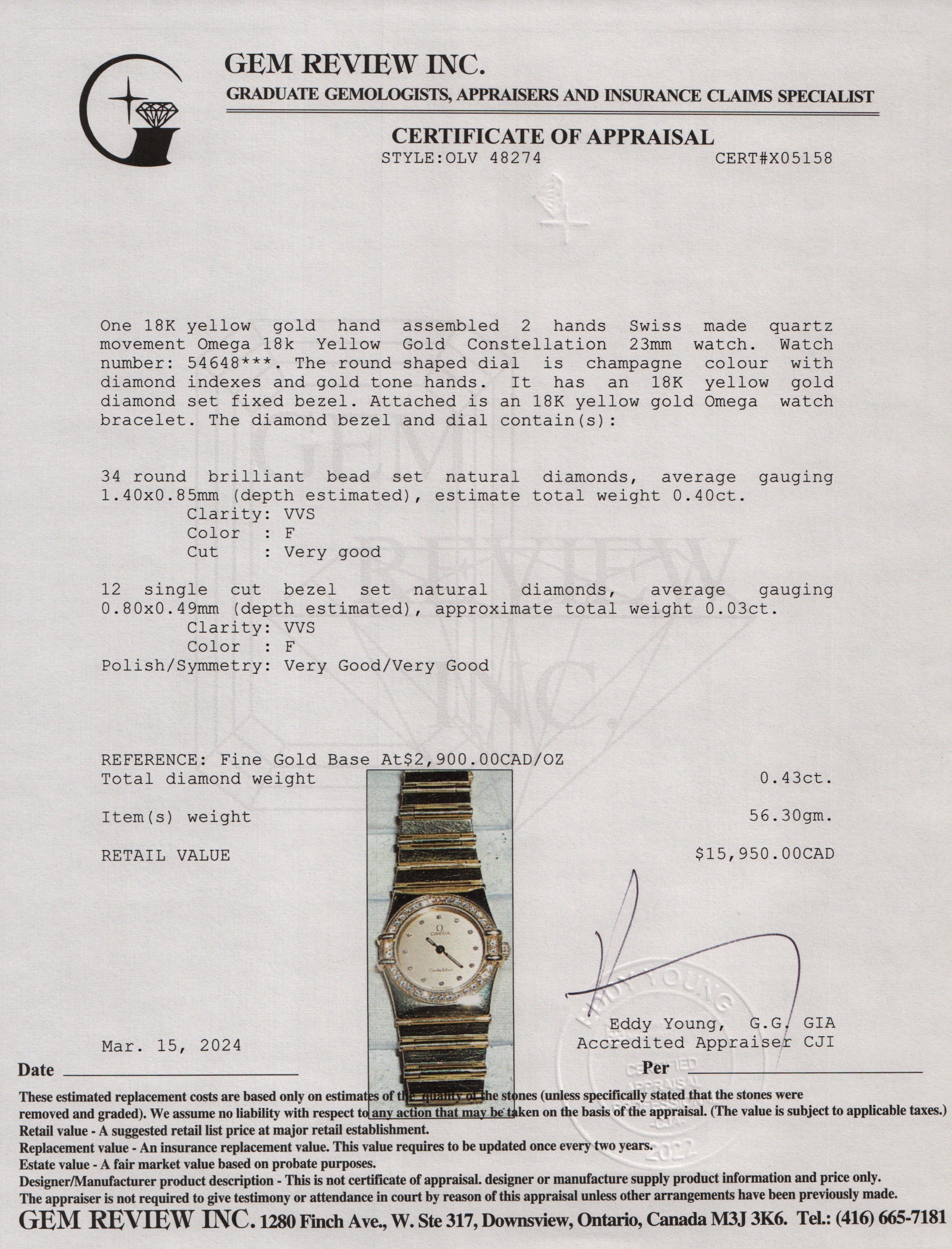 Omega 18k Yellow Gold Constellation 23 MM Diamond Bezel & Dial Watch