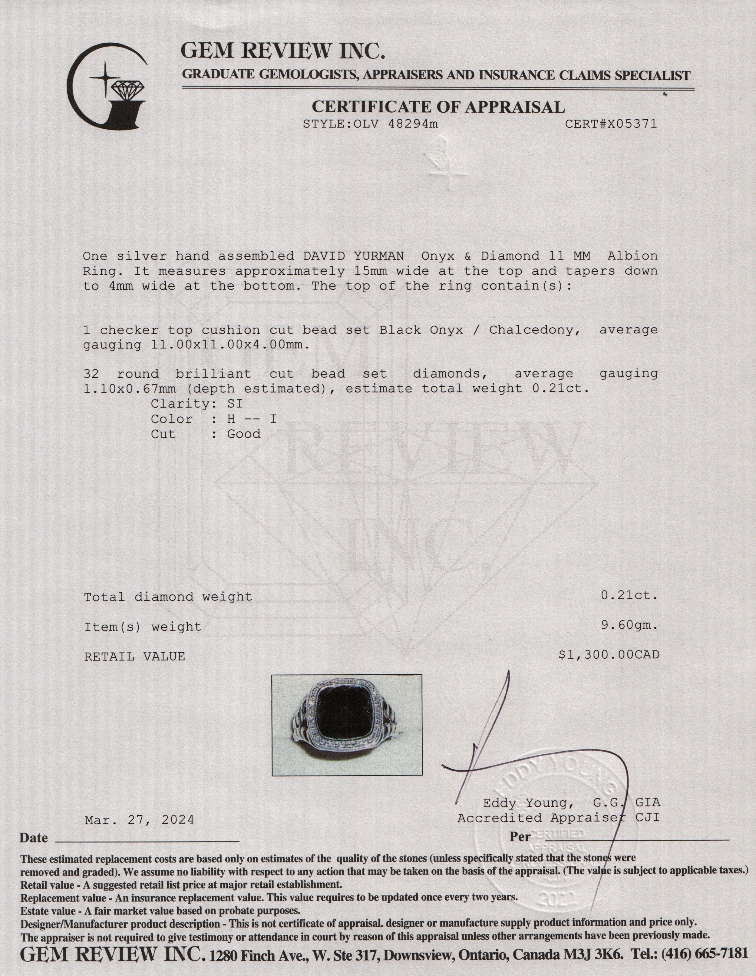 David Yurman Sterling Silver Onyx & Diamond 11 MM Albion Ring, Size 8