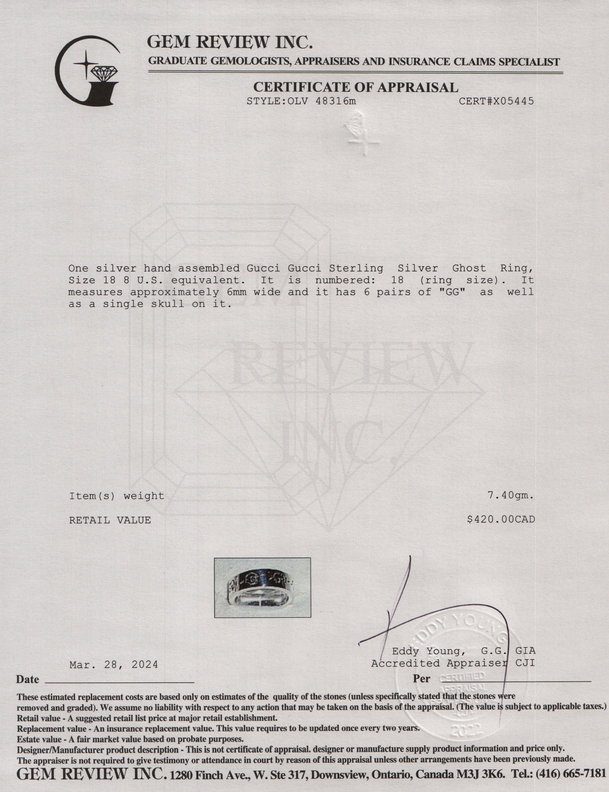 Gucci Sterling Silver Ghost Ring, Size 18 8