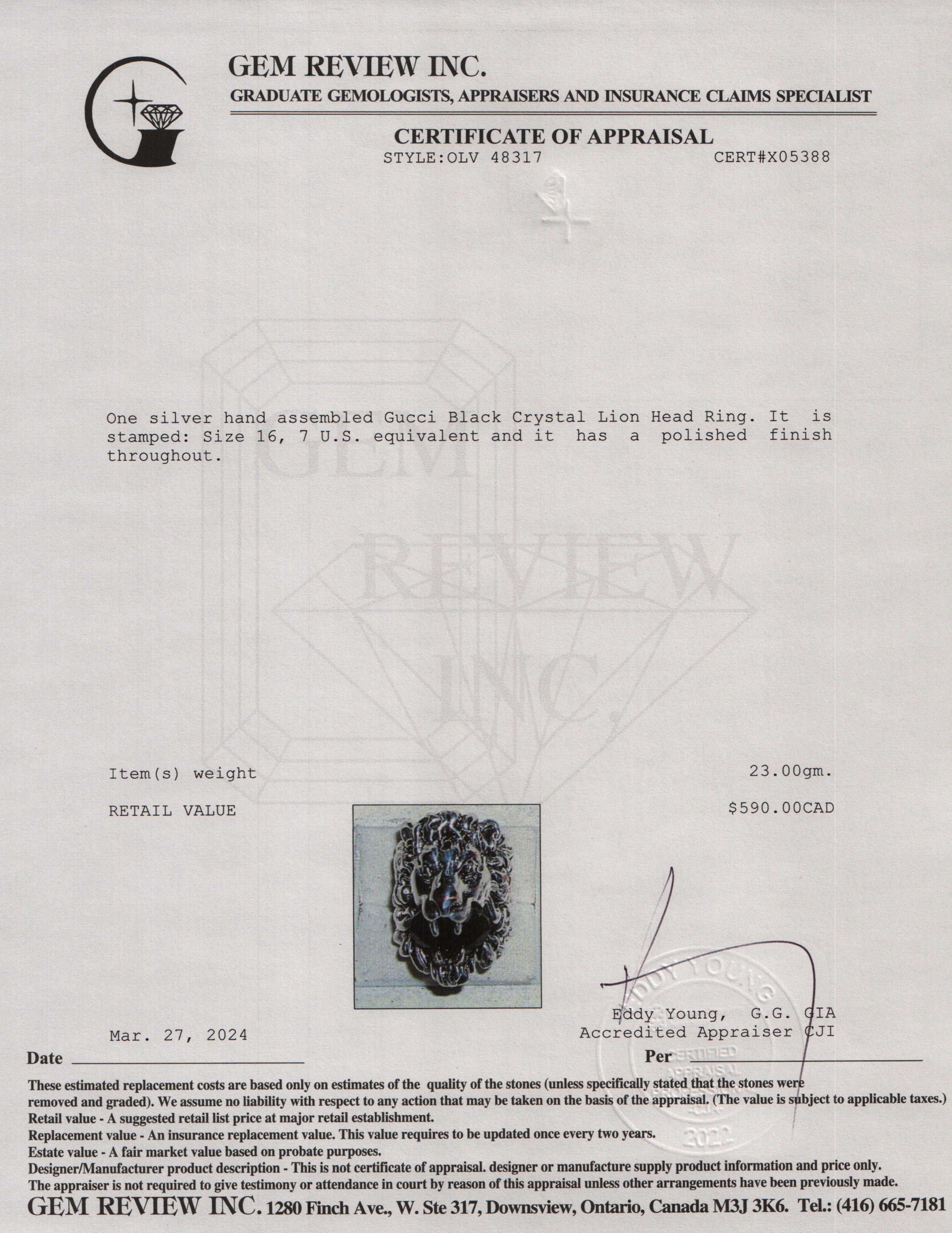 Gucci Silver-Tone Metal Black Crystal Lion Head Ring, Size 16 7