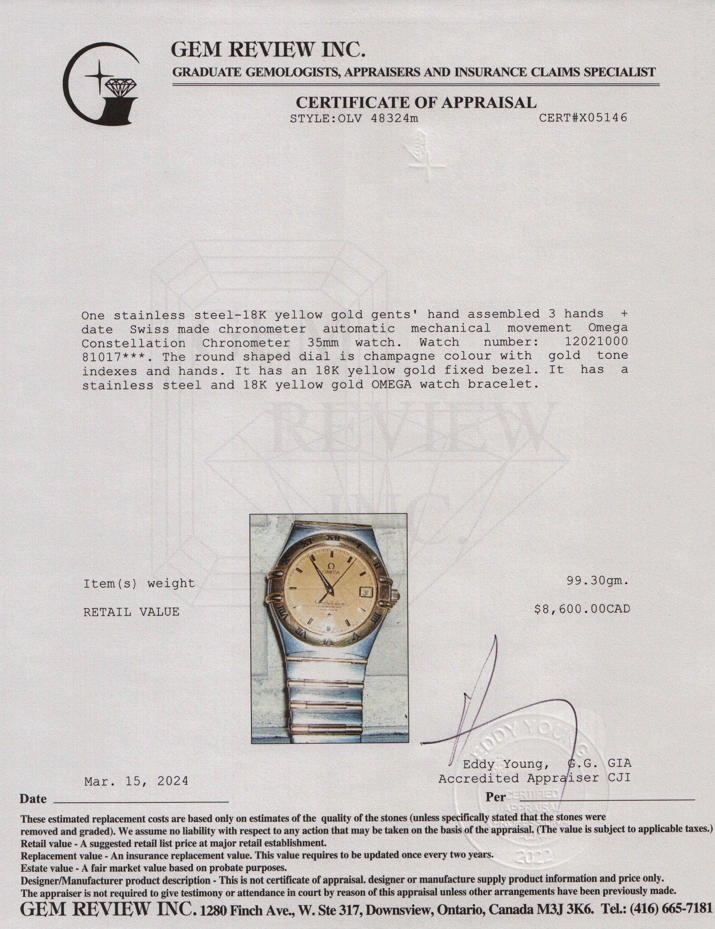 Omega Stainless Steel & 18k Yellow Gold Constellation Chronometer 35 MM Automatic Watch w/ Cards