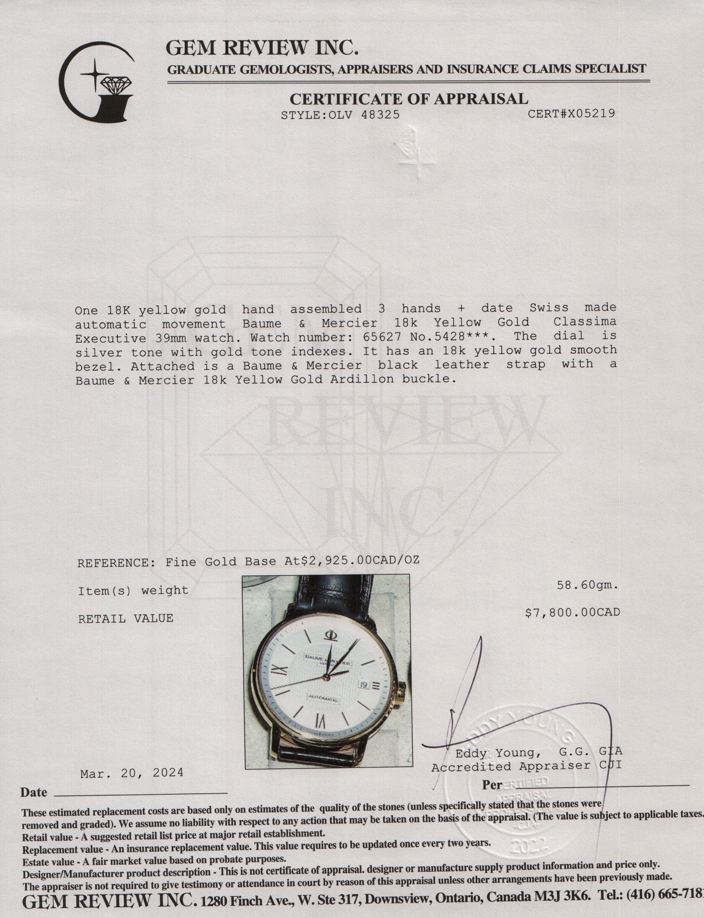 Baume & Mercier 18k Yellow Gold Classima Executive 39 MM Automatic Watch