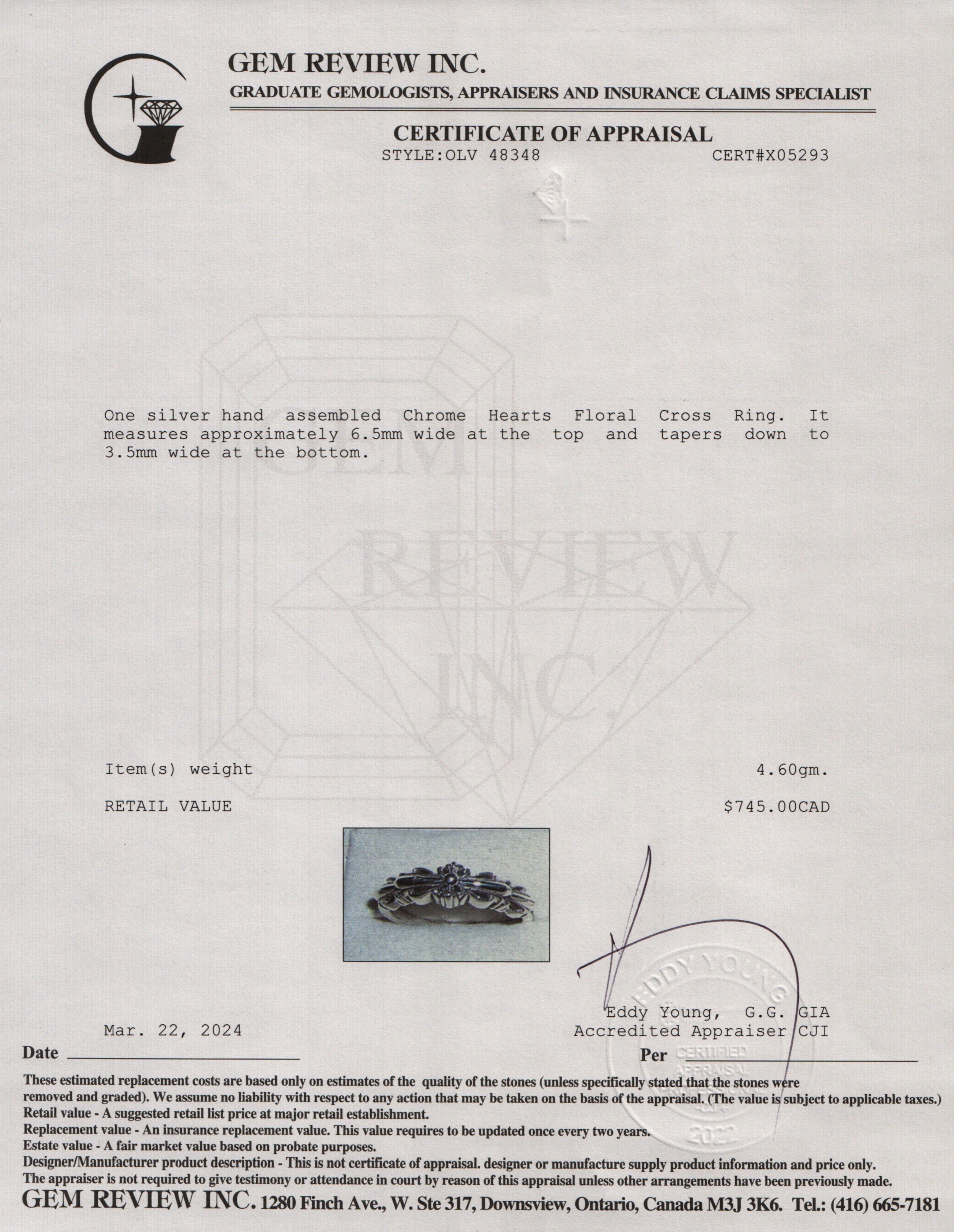 Chrome Hearts Sterling Silver Floral Cross Ring, Size 10