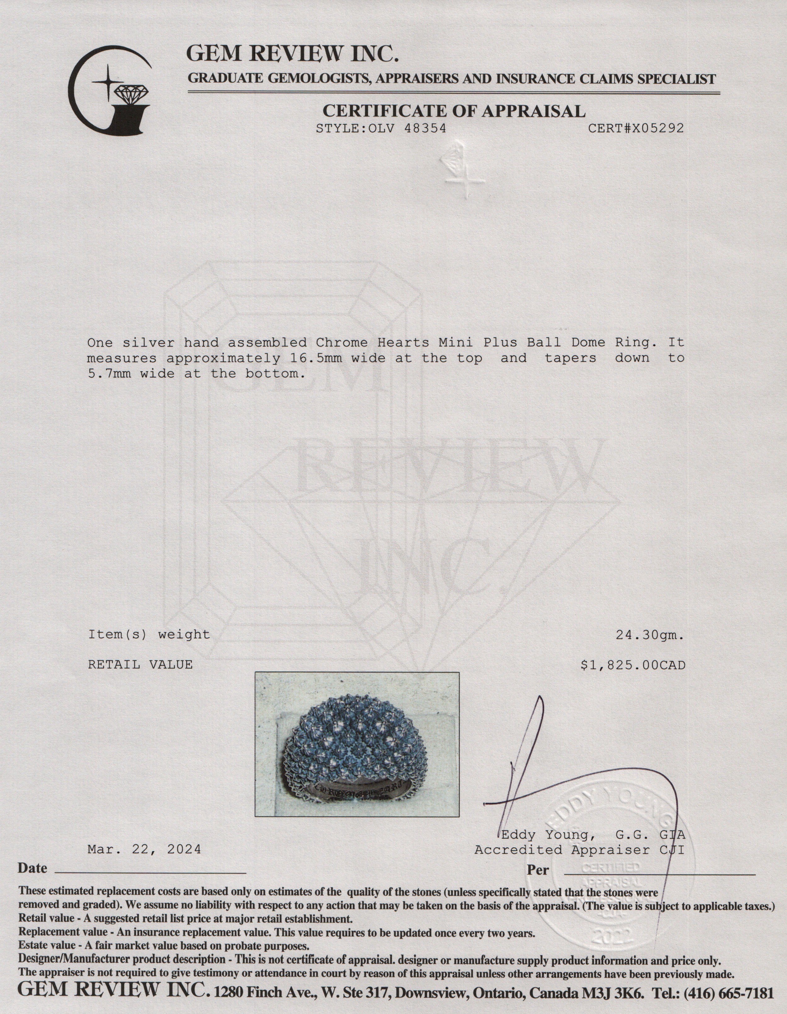 Chrome Hearts Sterling Silver Mini Plus Ball Dome Ring, Size 9.5