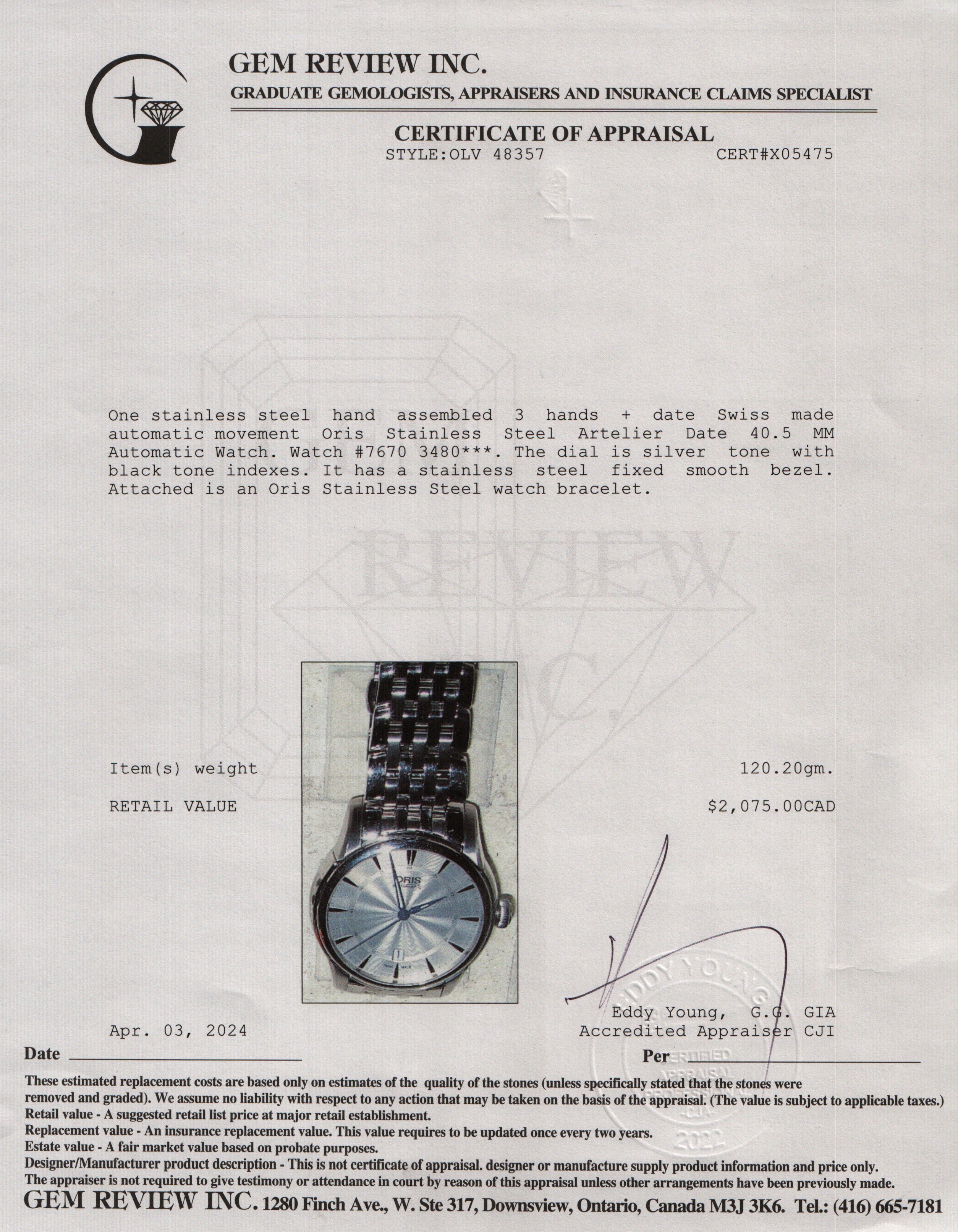 Oris Stainless Steel Artelier Date 40.5 MM Automatic Watch