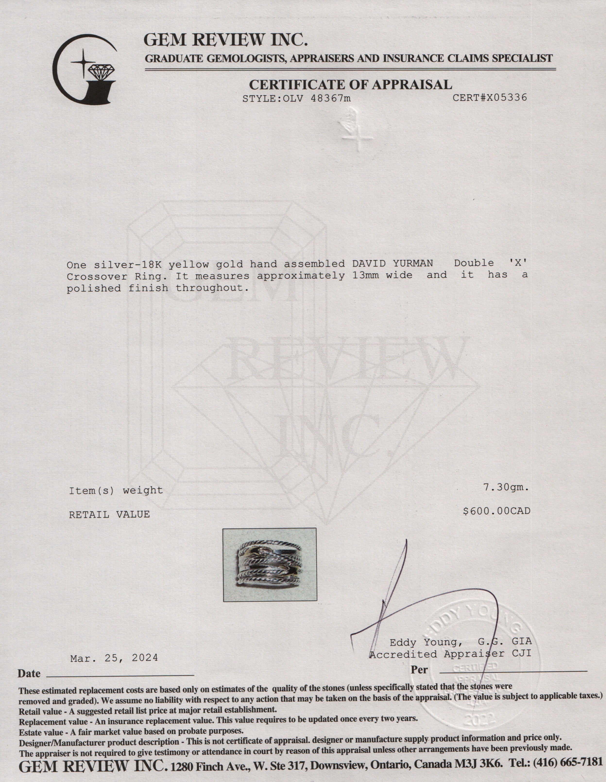 David Yurman Sterling Silver & 18k Yellow Gold Double 'X' Crossover Ring, Size 6.5