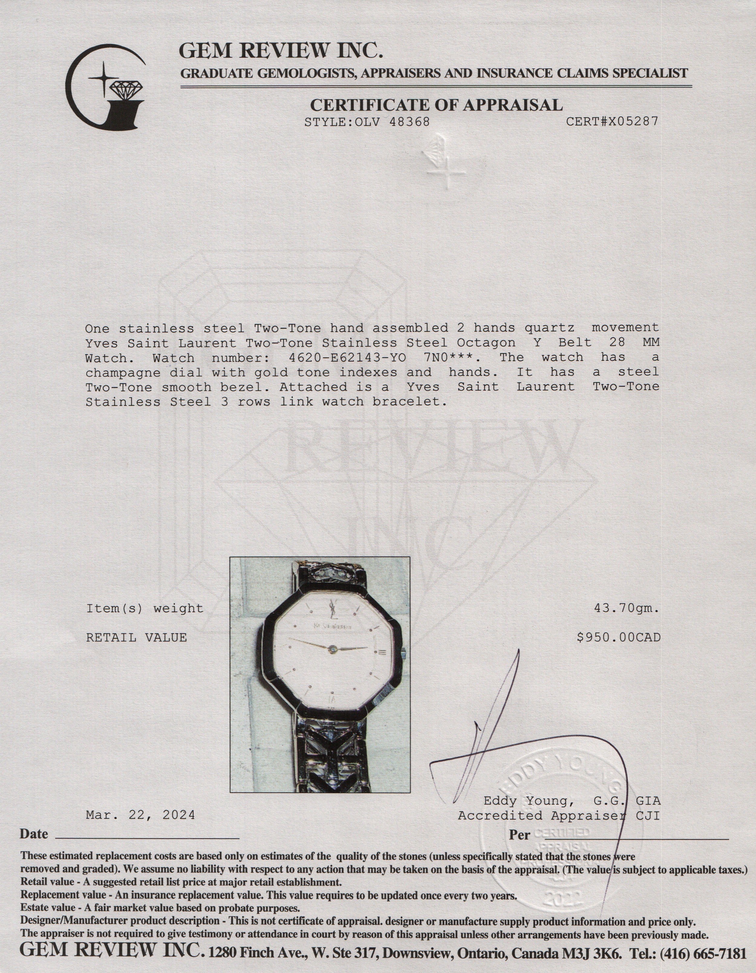 Yves Saint Laurent Two-Tone Stainless Steel Octagon Y Belt 28 MM Watch