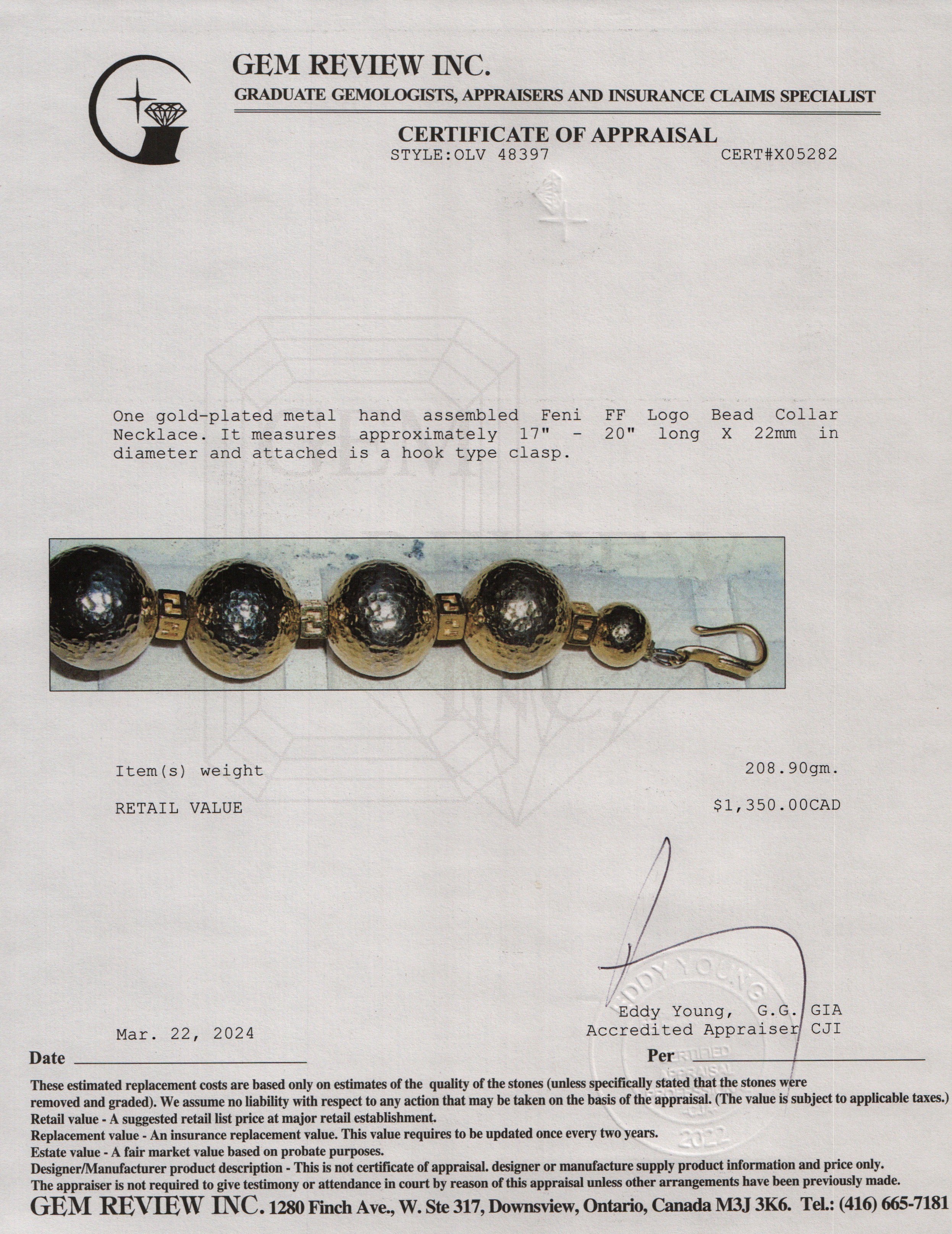 Fendi Vintage Gold-Plated Metal FF Logo Bead Collar Necklace