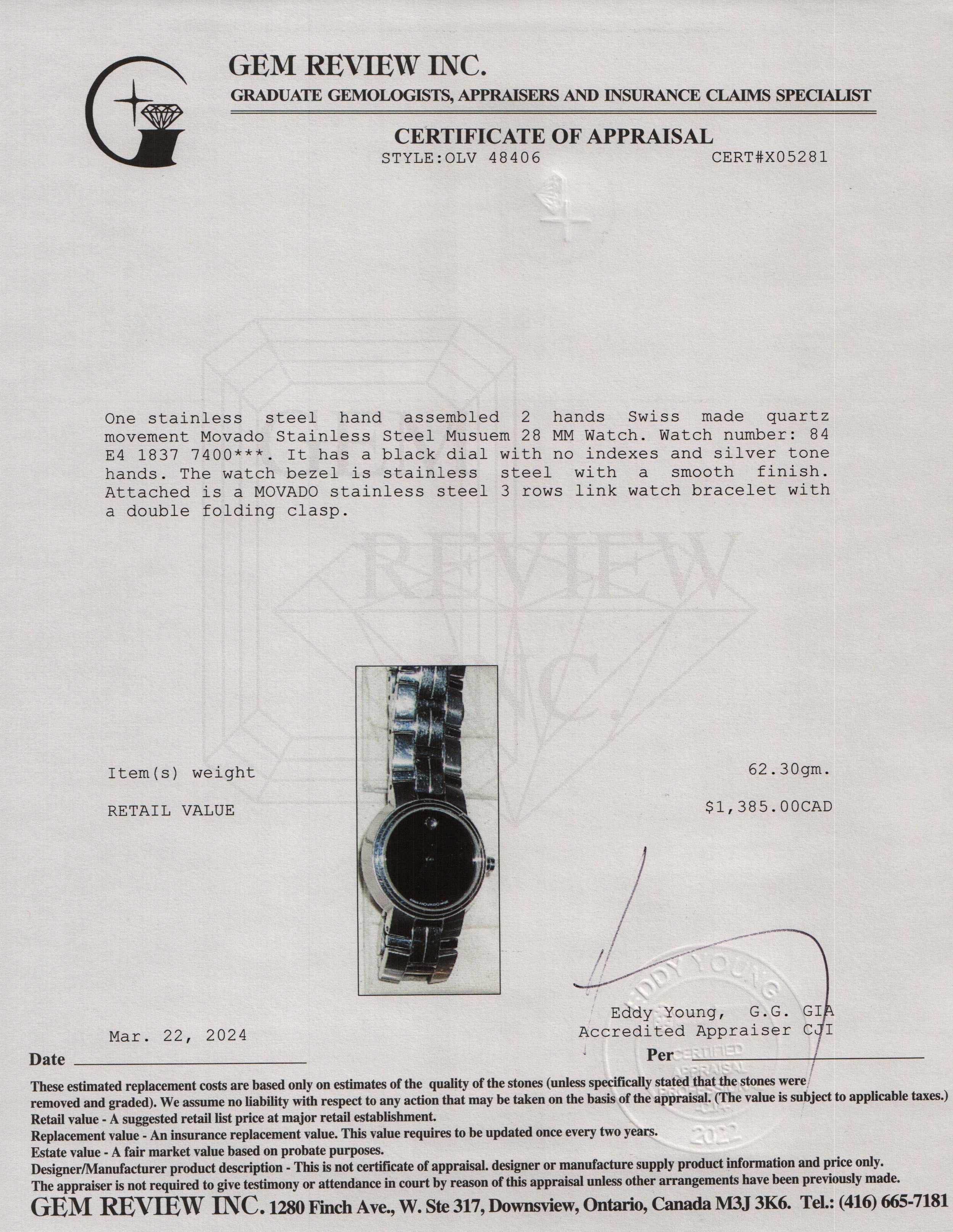 Movado Stainless Steel Musuem 28 MM Watch