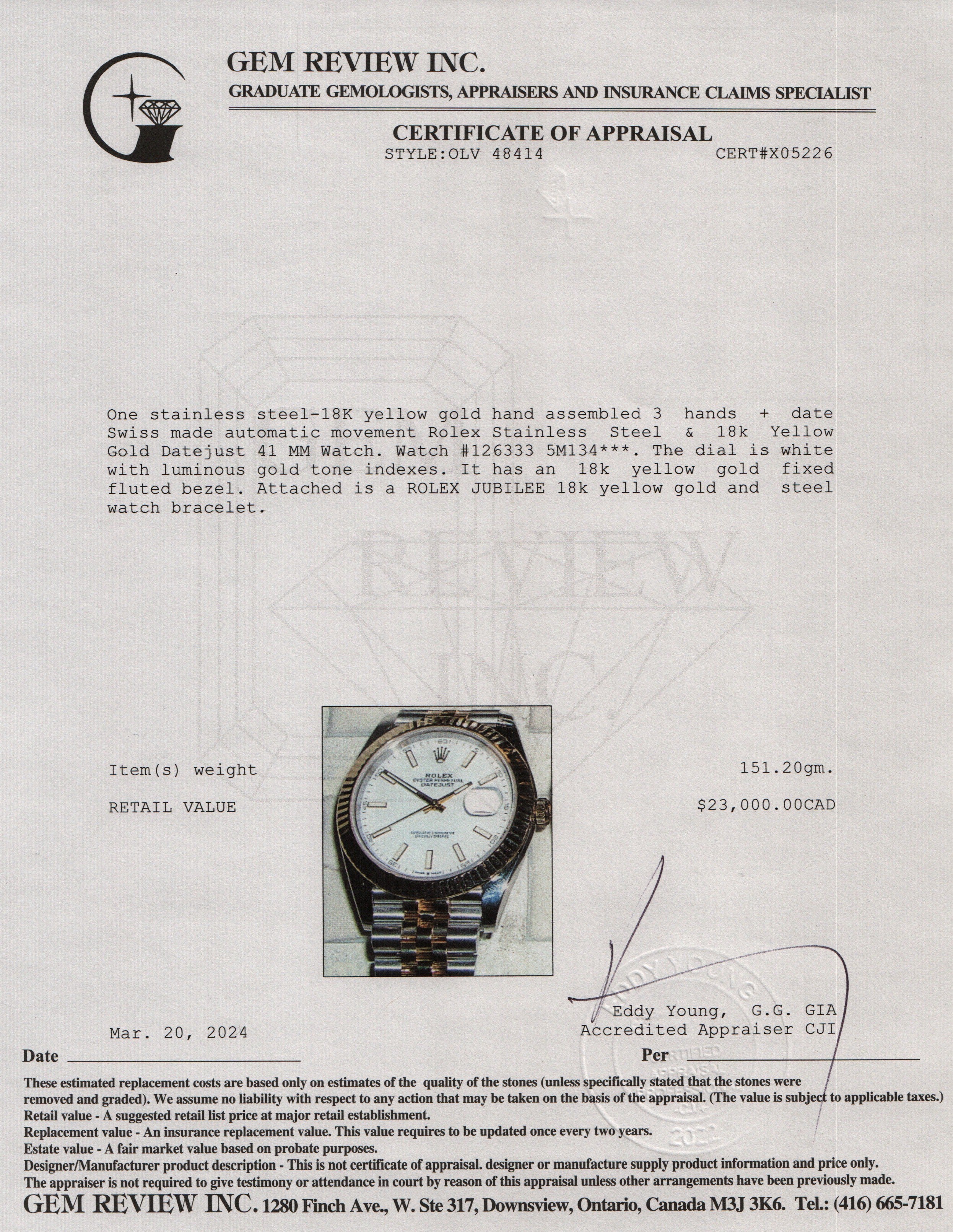 Rolex Stainless Steel & 18k Yellow Gold Datejust 41 MM Watch w/ Box & Papers