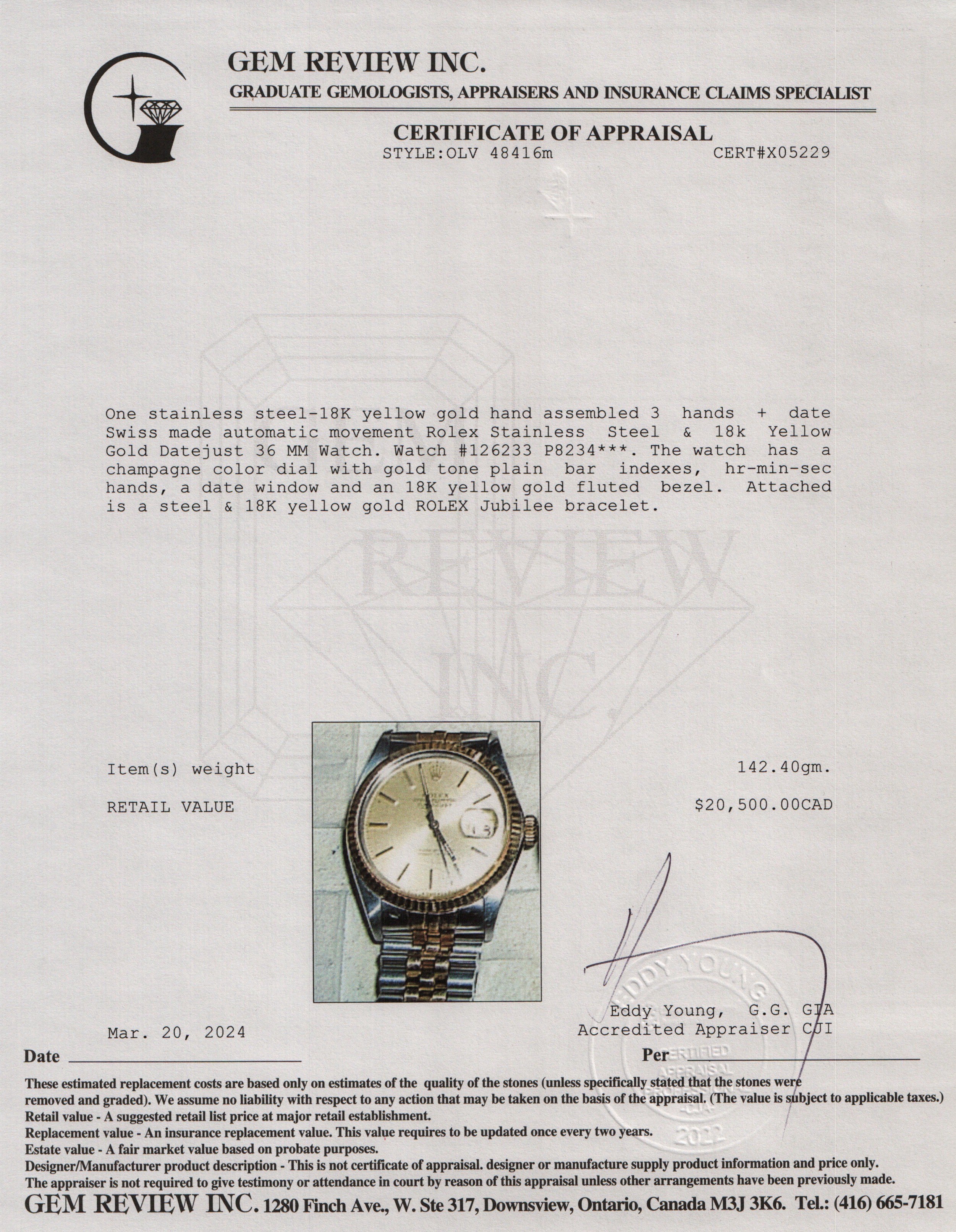 Rolex Stainless Steel & 18k Yellow Gold Datejust 36 MM Watch w/ Box & Papers